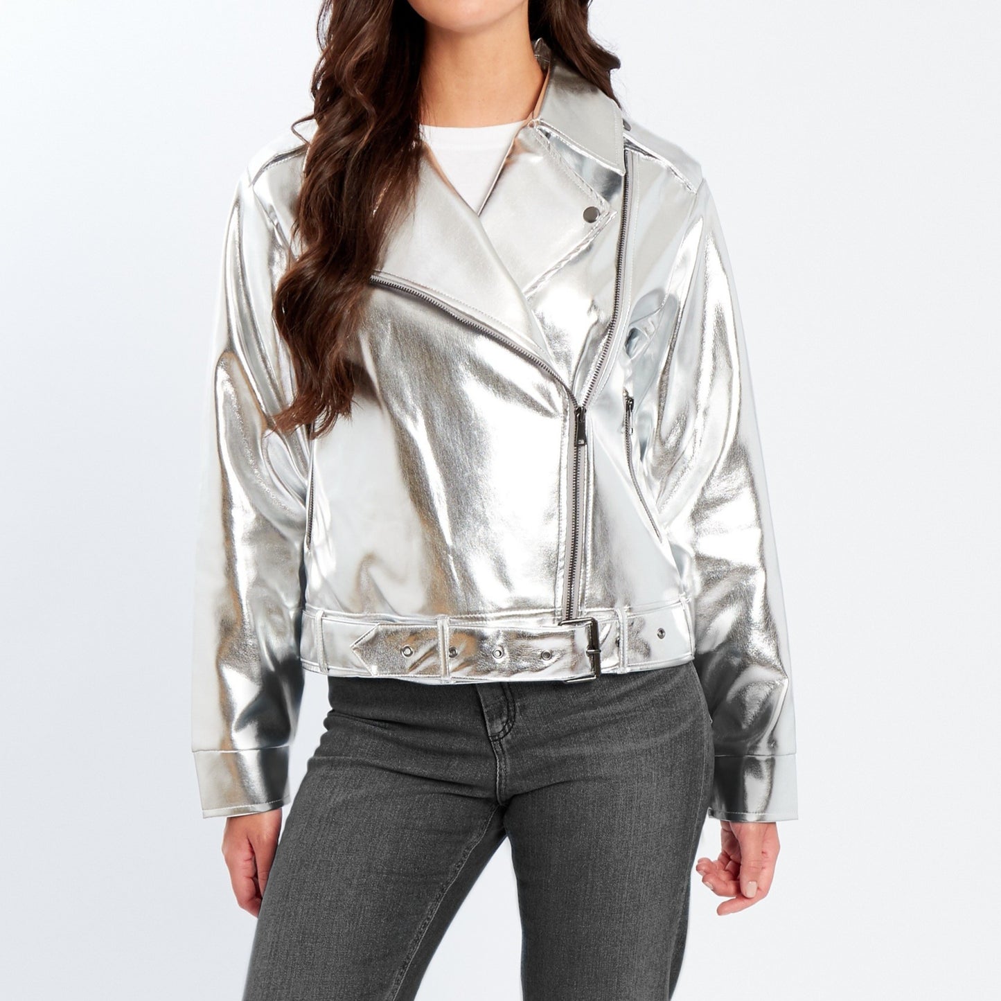 Stevie Metallic Silver Biker Jacket