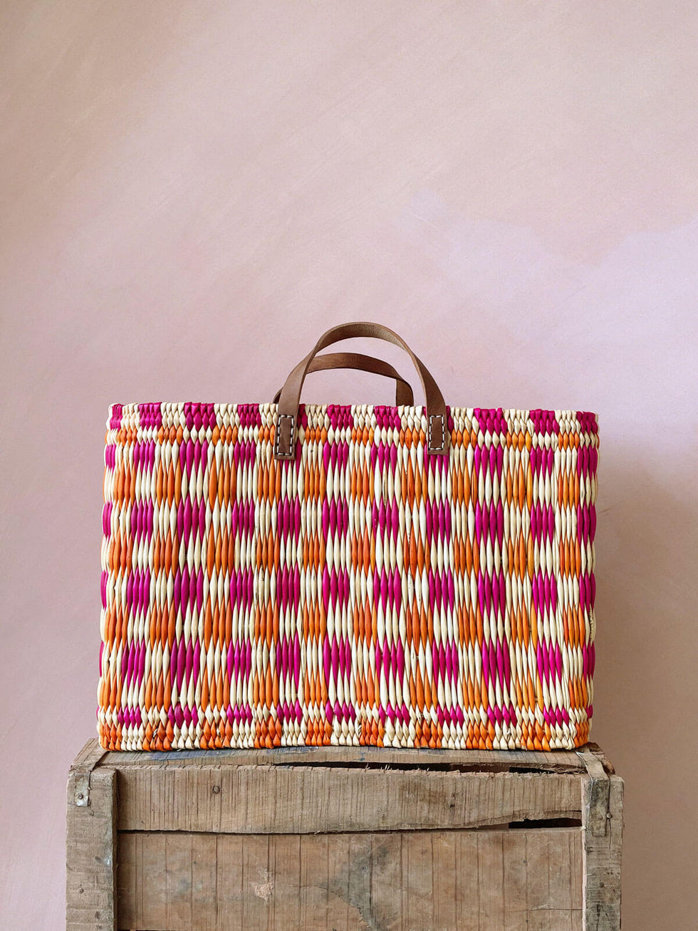 Bohemia Large Chequered Reed Basket - Pink & Orange