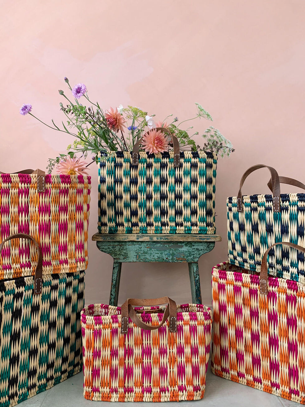 Bohemia Small Chequered Reed Basket - Pink & Orange