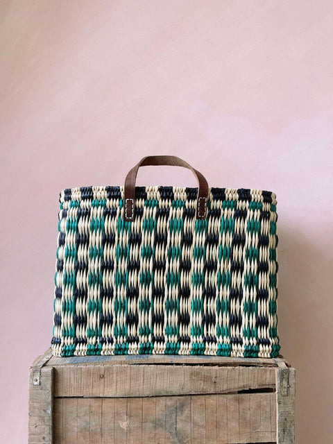 Bohemia Large Chequered Reed Basket - Indigo & green