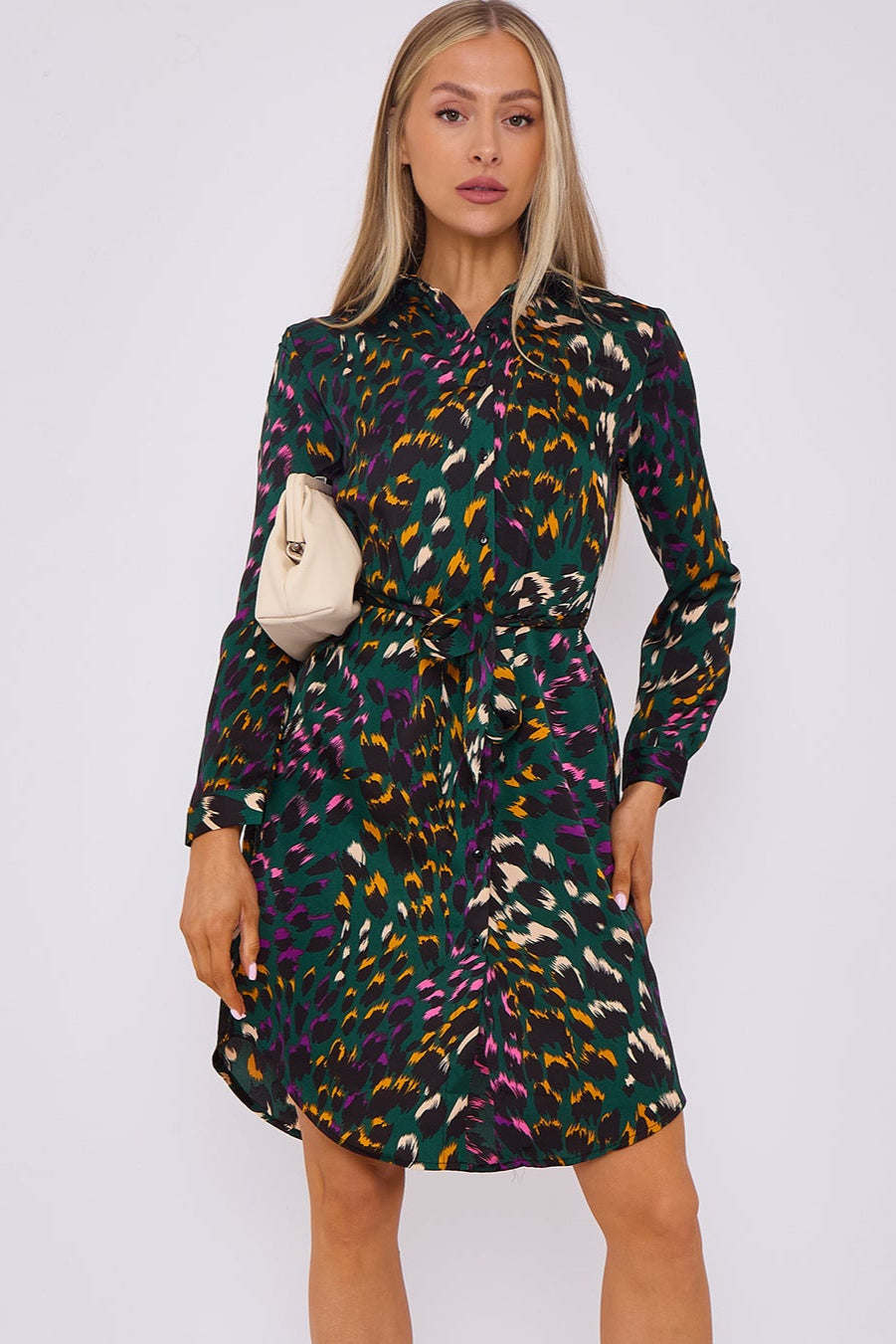 Emerald Animal Print Satin Mini Shirt Dress