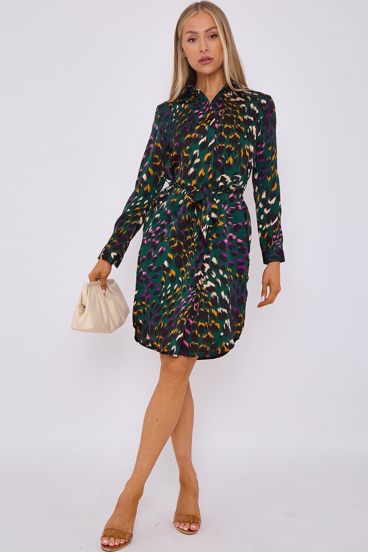 Emerald Animal Print Satin Mini Shirt Dress