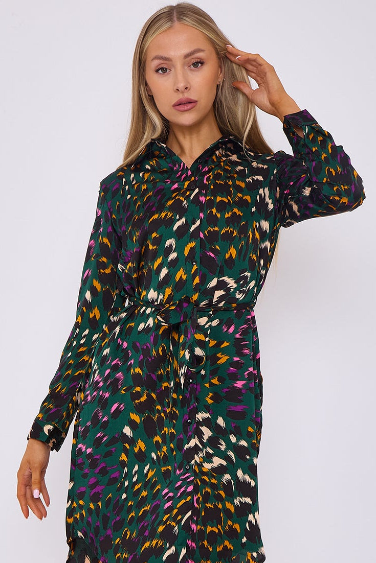 Emerald Animal Print Satin Mini Shirt Dress