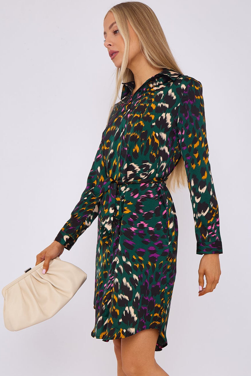 Emerald Animal Print Satin Mini Shirt Dress