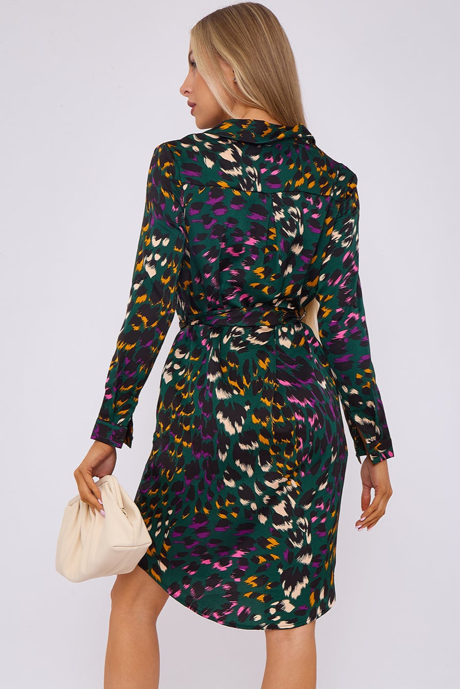 Emerald Animal Print Satin Mini Shirt Dress