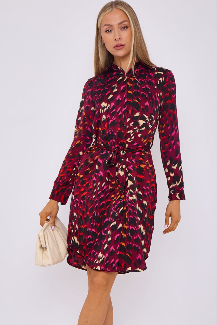 Deep Fuchsia Animal Print Satin Mini Shirt Dress