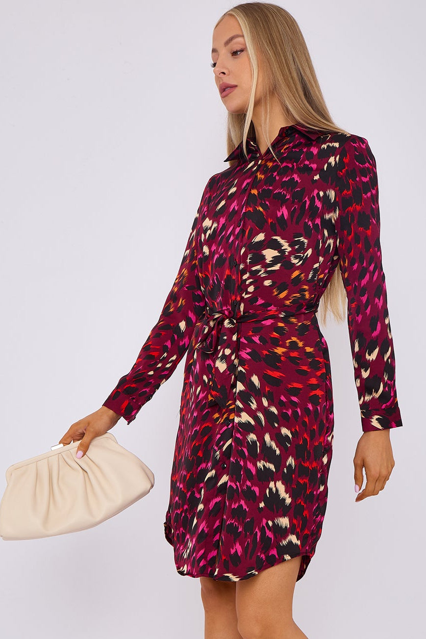 Deep Fuchsia Animal Print Satin Mini Shirt Dress