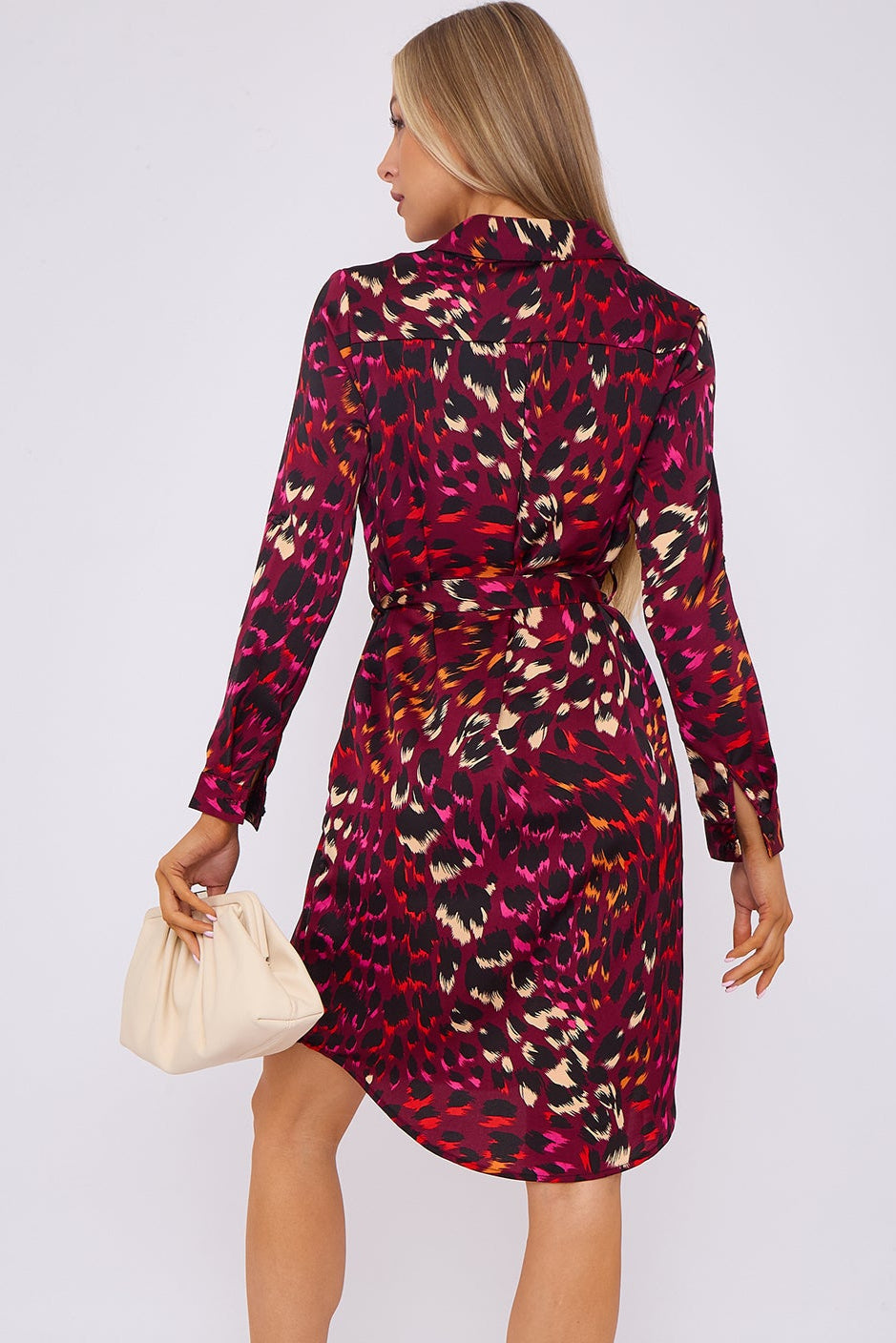 Deep Fuchsia Animal Print Satin Mini Shirt Dress