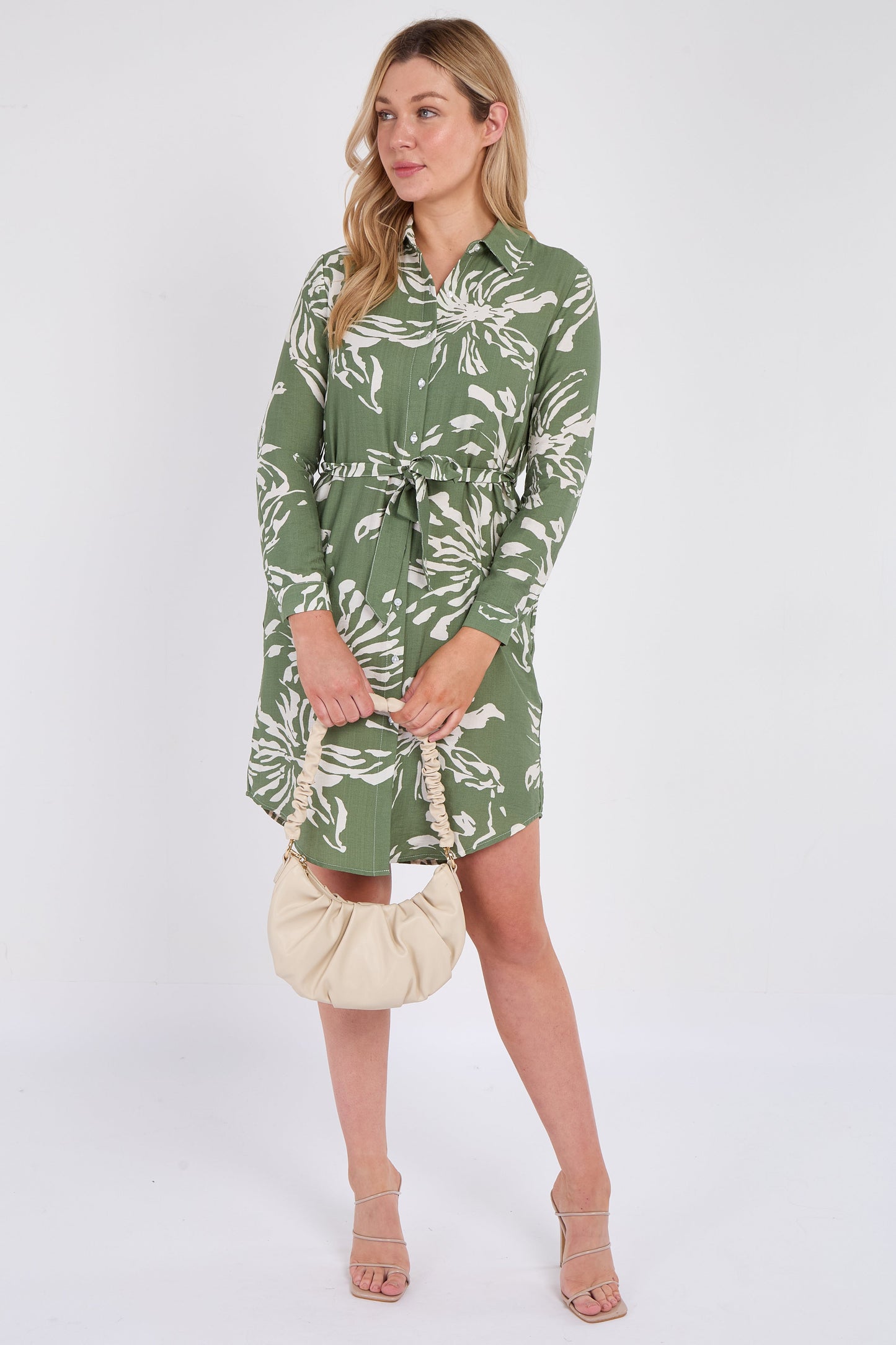 Khaki Floral Mini Shirt Dress