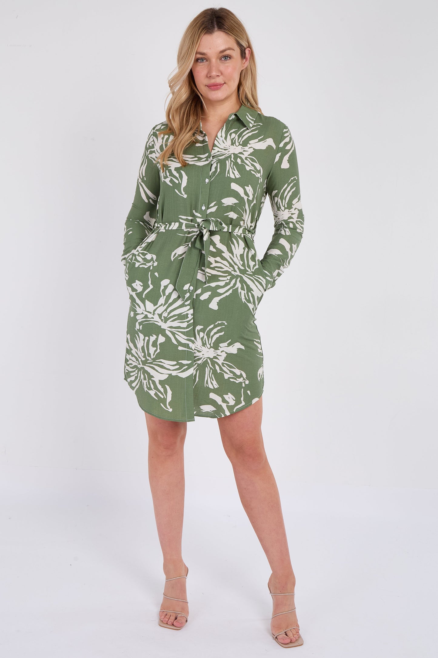 Khaki Floral Mini Shirt Dress