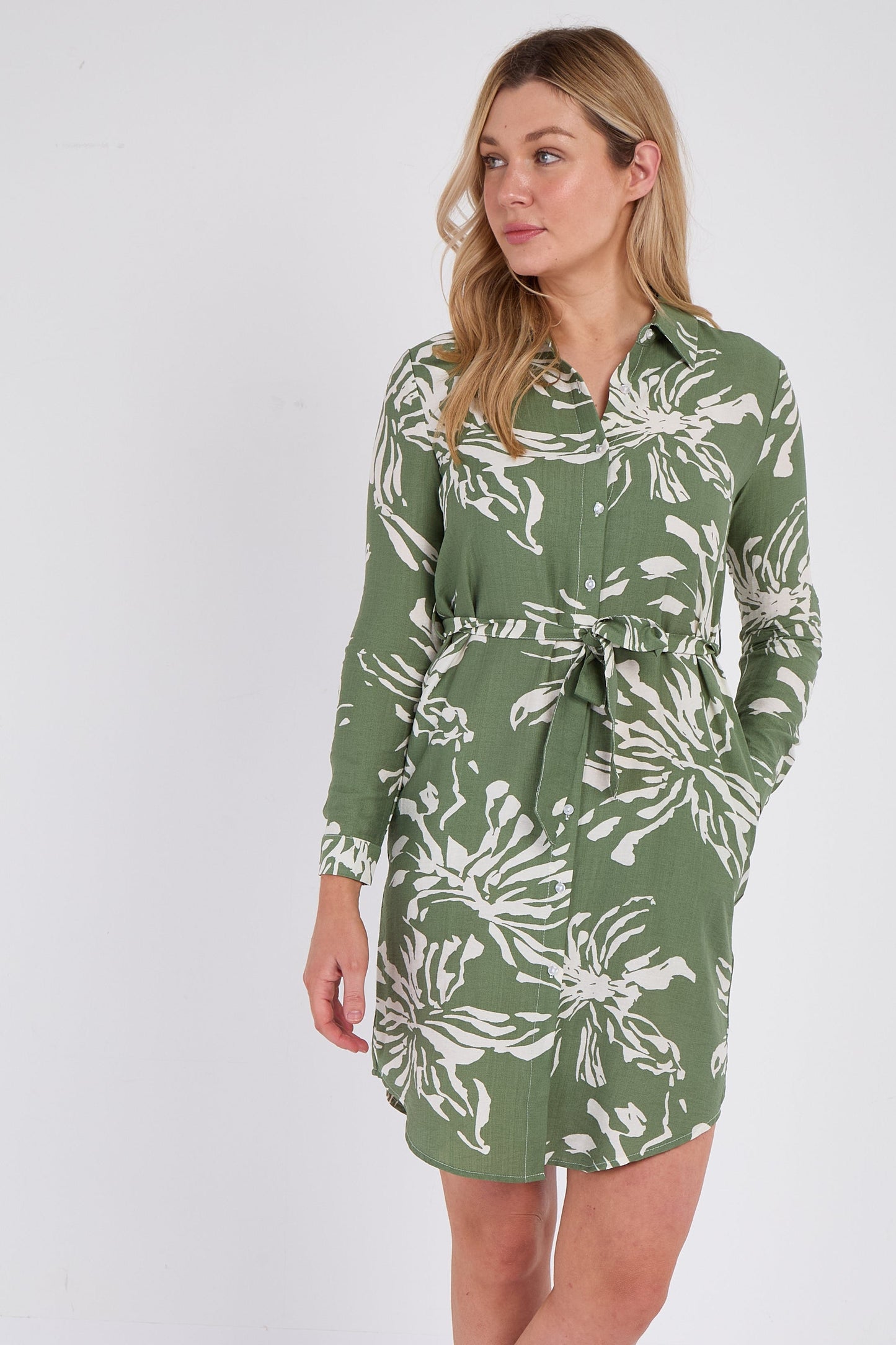 Khaki Floral Mini Shirt Dress