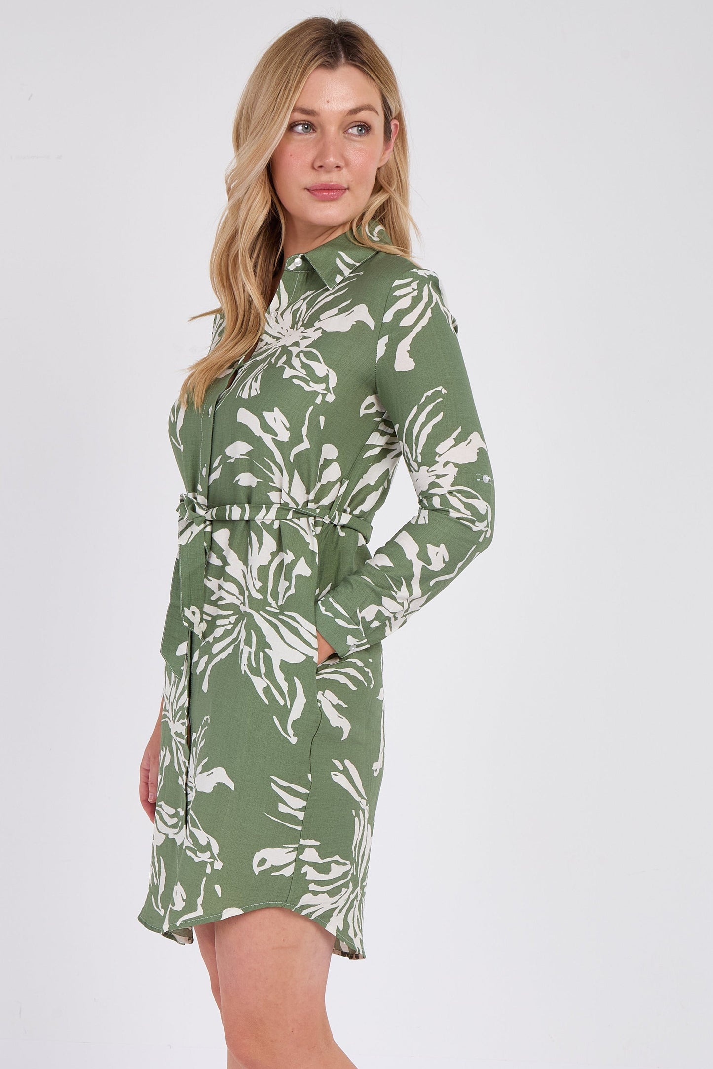 Khaki Floral Mini Shirt Dress