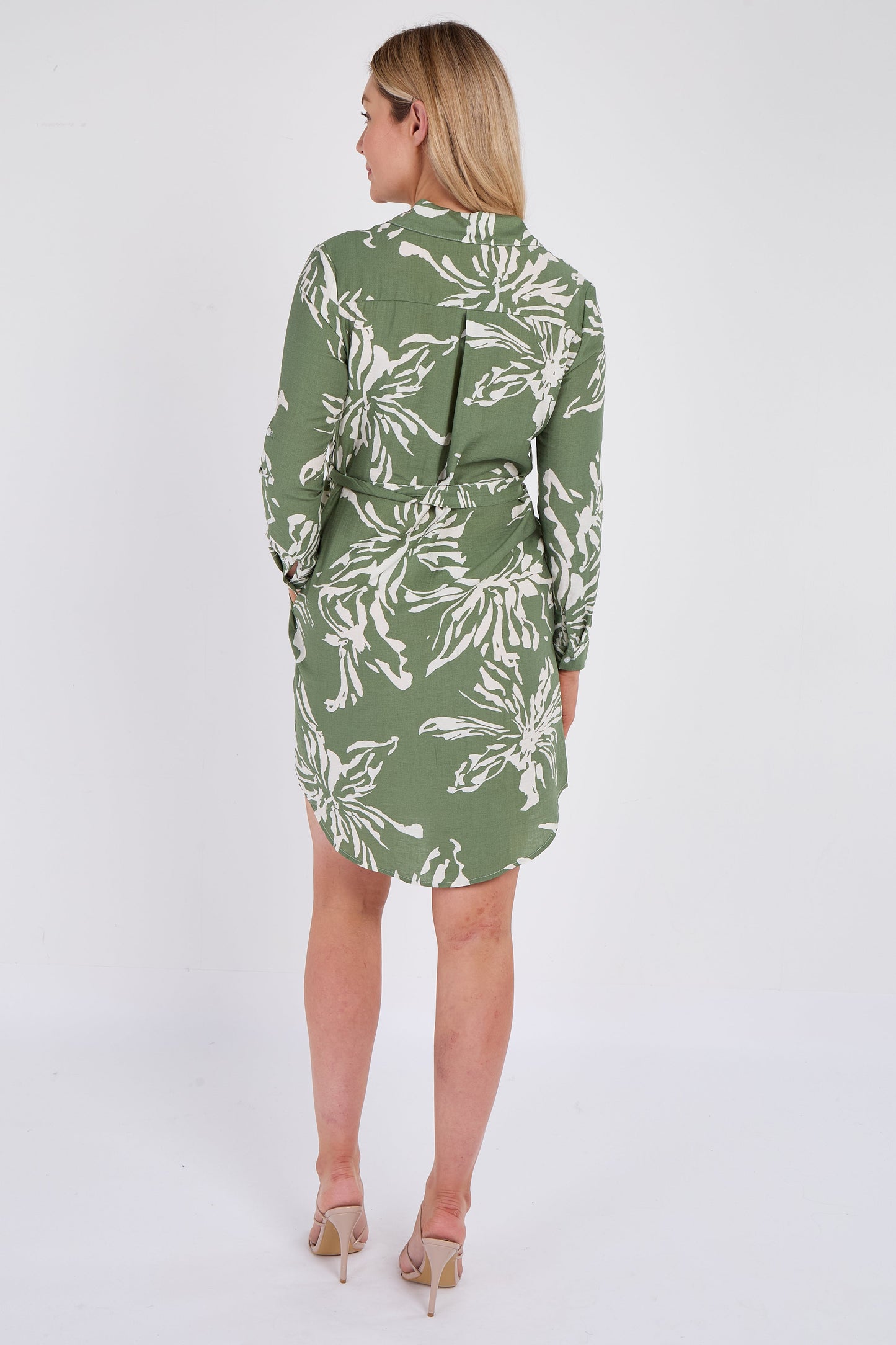 Khaki Floral Mini Shirt Dress