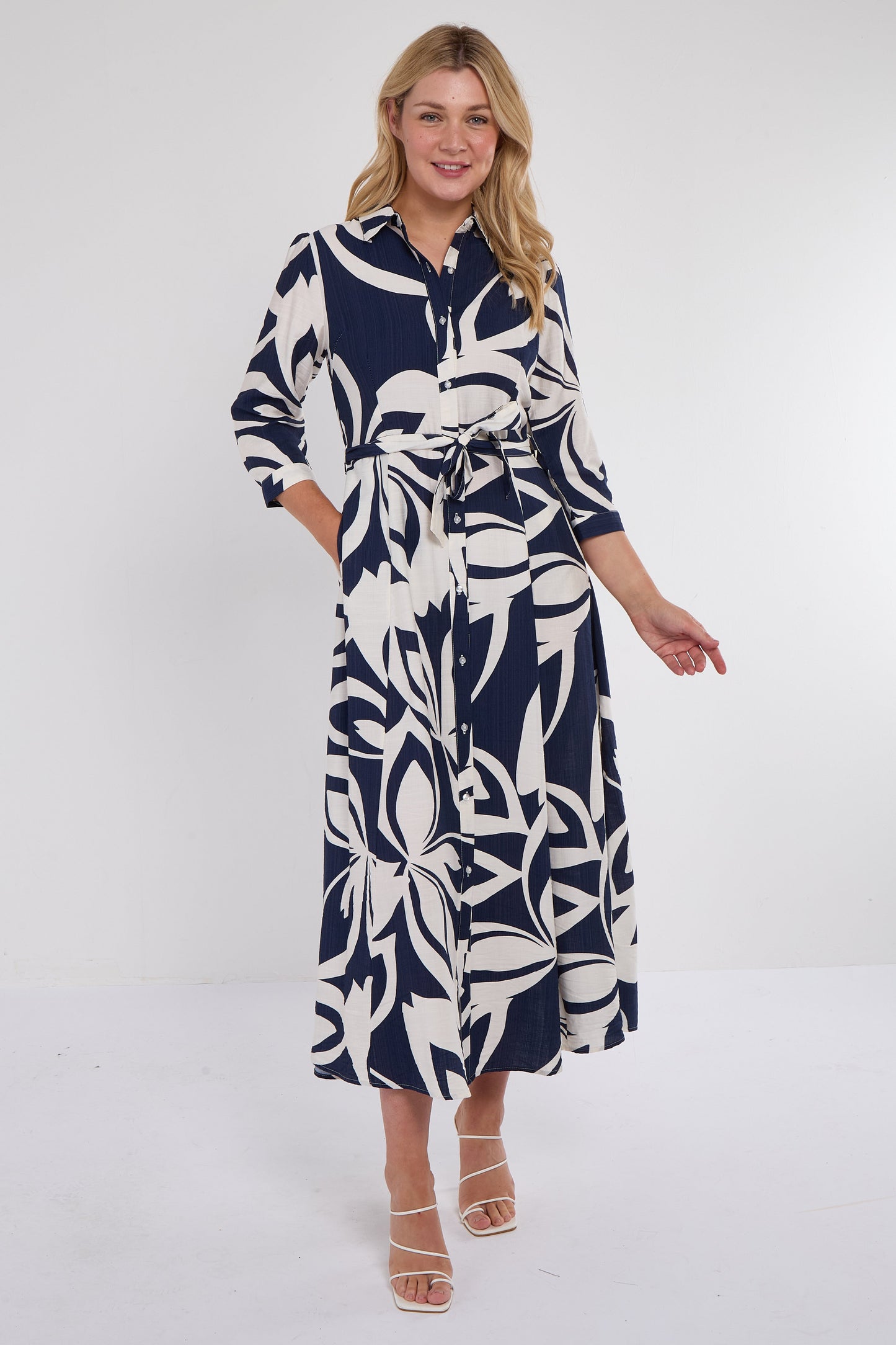 Navy Abstract Floral Midi Shirt Dress