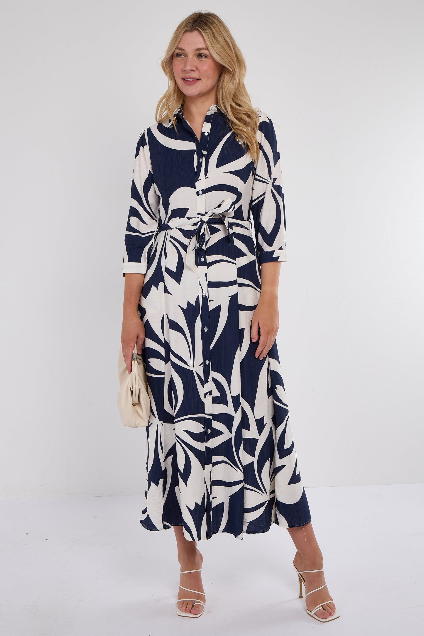 Navy Abstract Floral Midi Shirt Dress