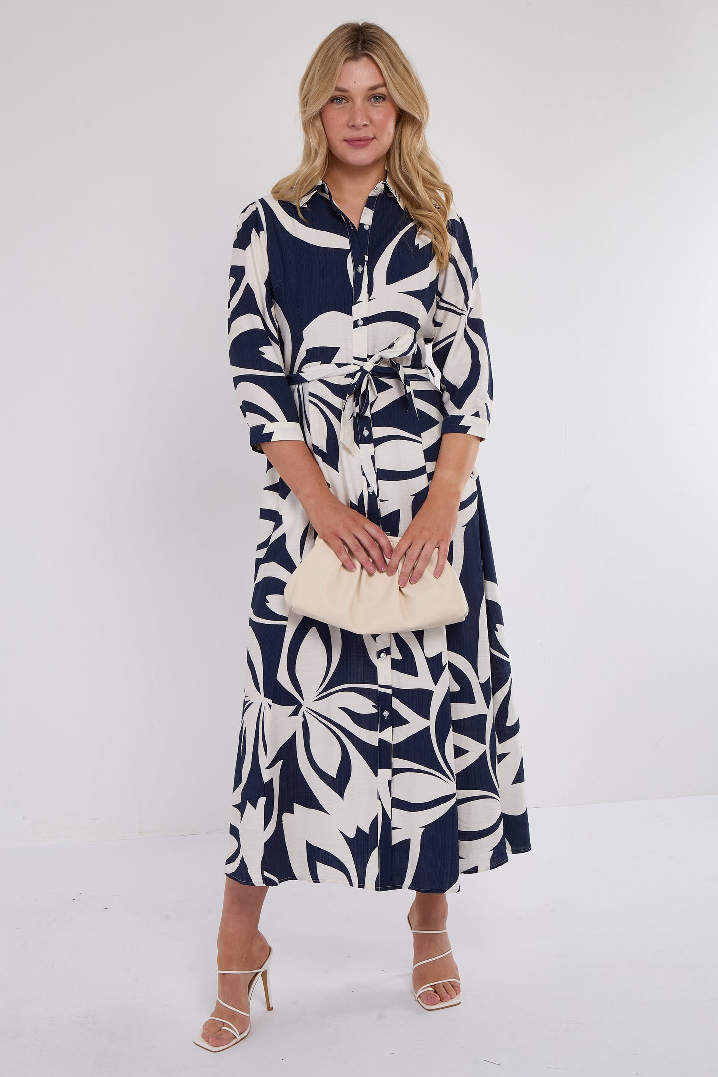Navy Abstract Floral Midi Shirt Dress
