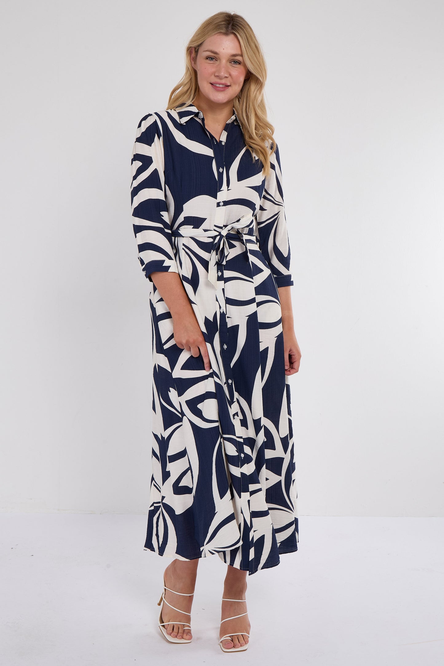 Navy Abstract Floral Midi Shirt Dress