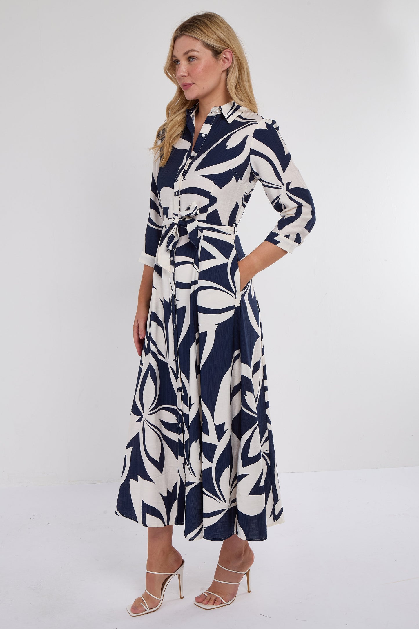 Navy Abstract Floral Midi Shirt Dress