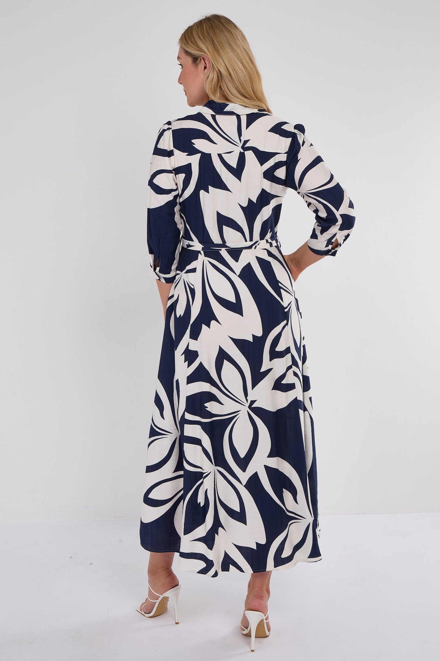 Navy Abstract Floral Midi Shirt Dress