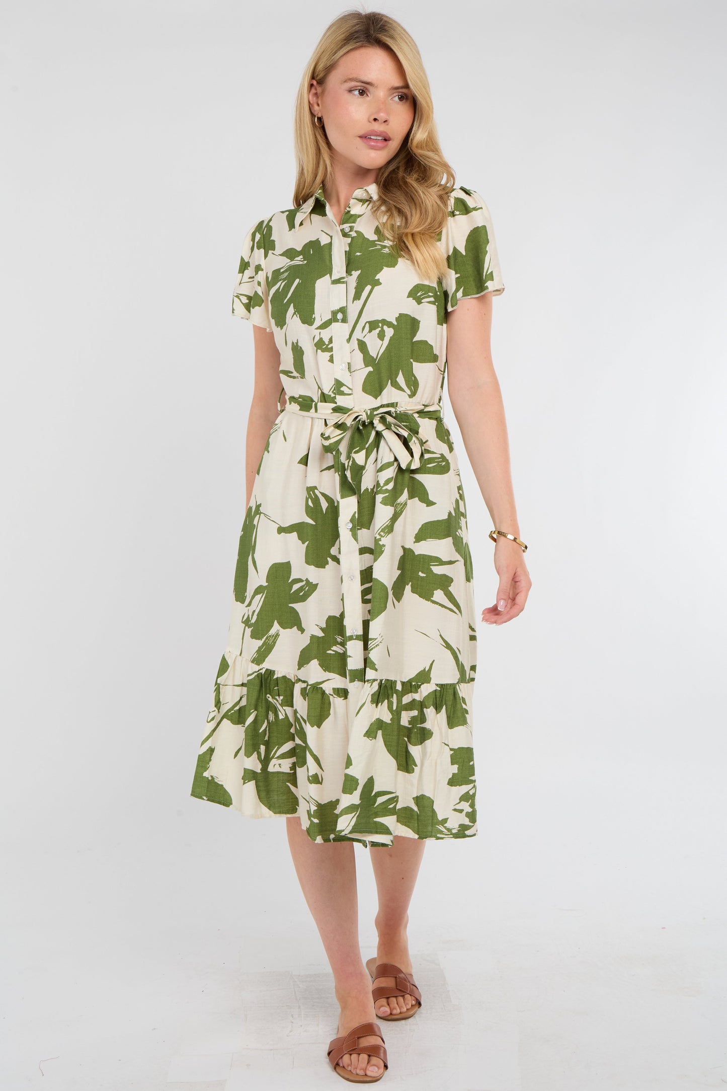 Olive Botanical Midi Shirt Dress