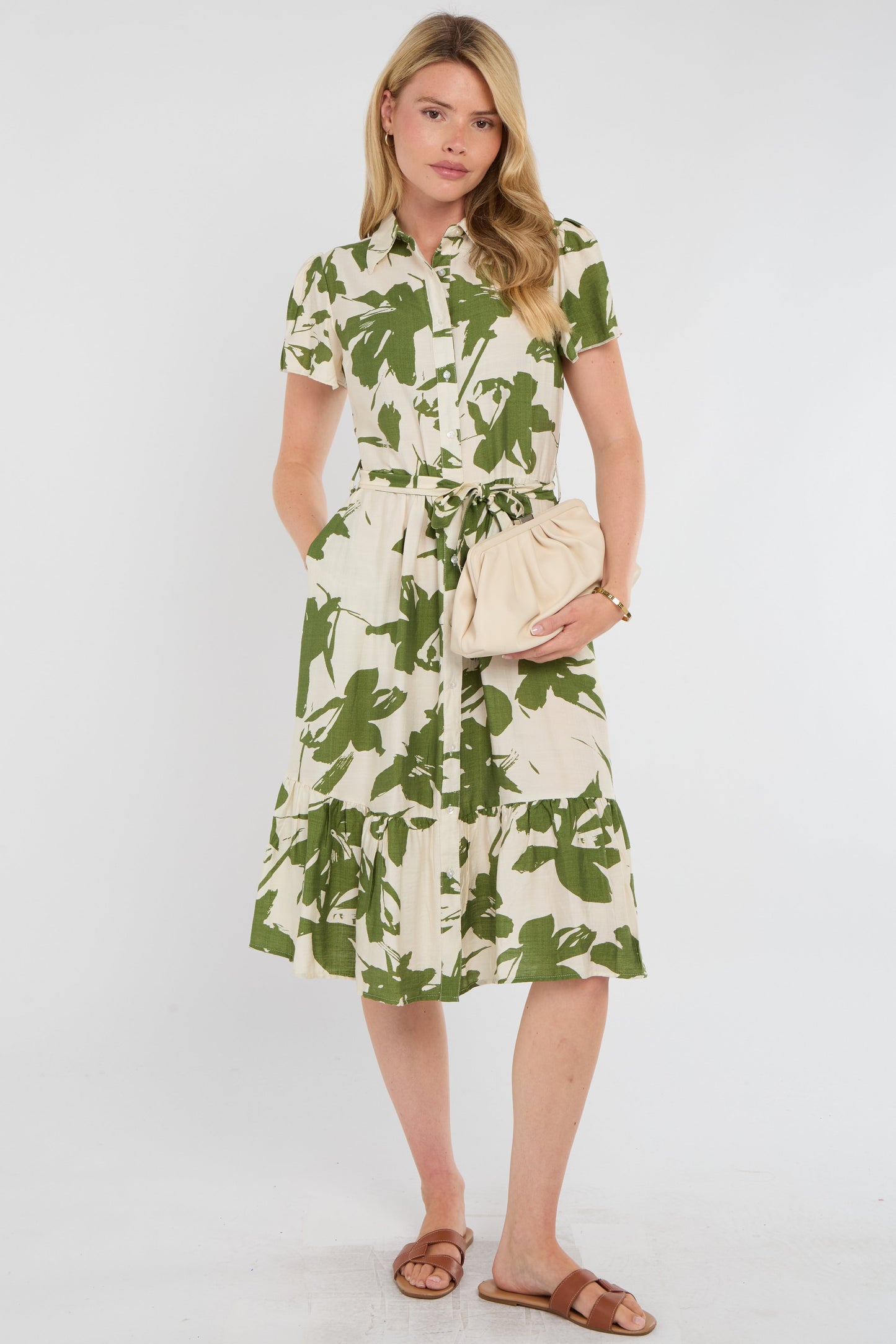 Olive Botanical Midi Shirt Dress