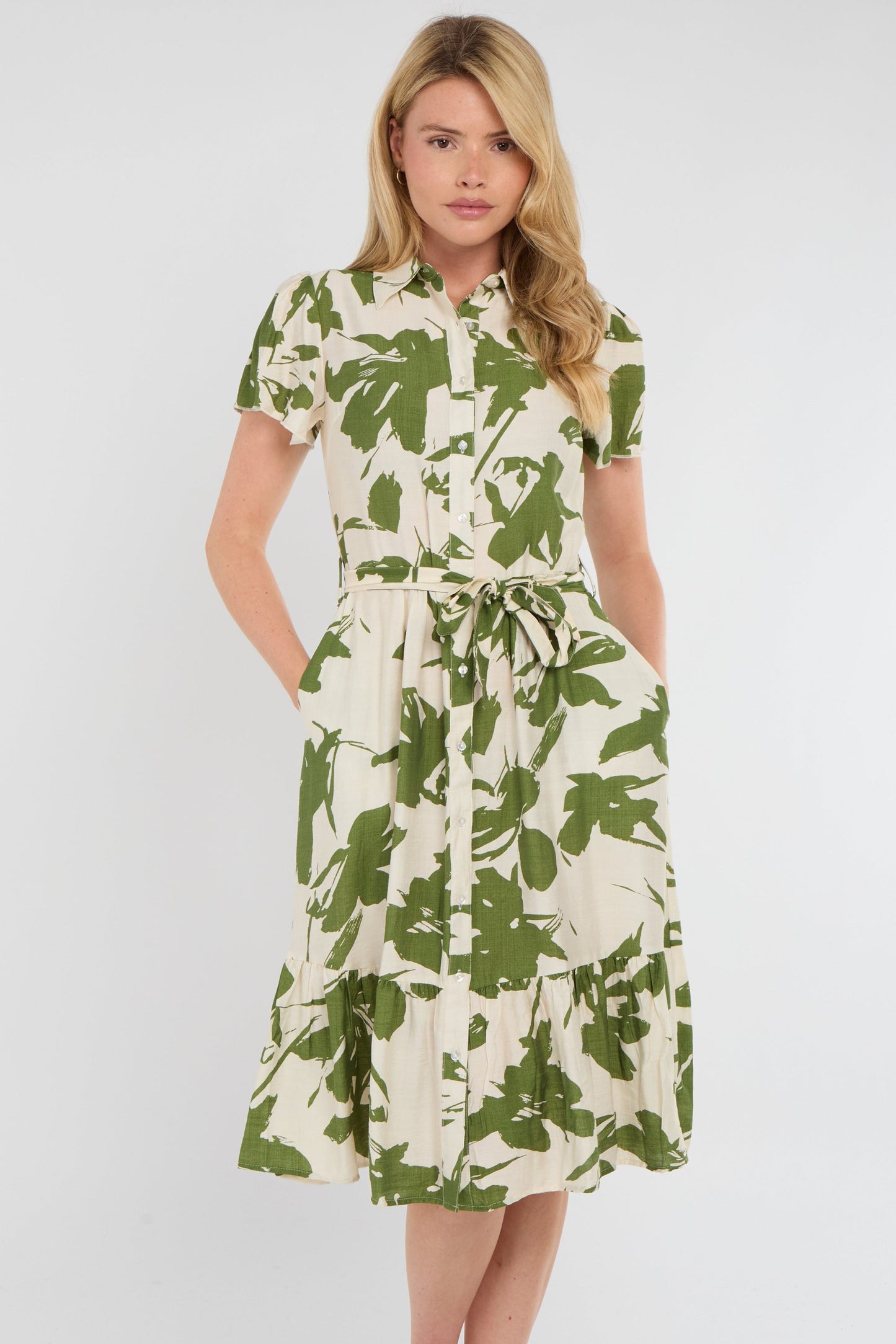 Olive Botanical Midi Shirt Dress
