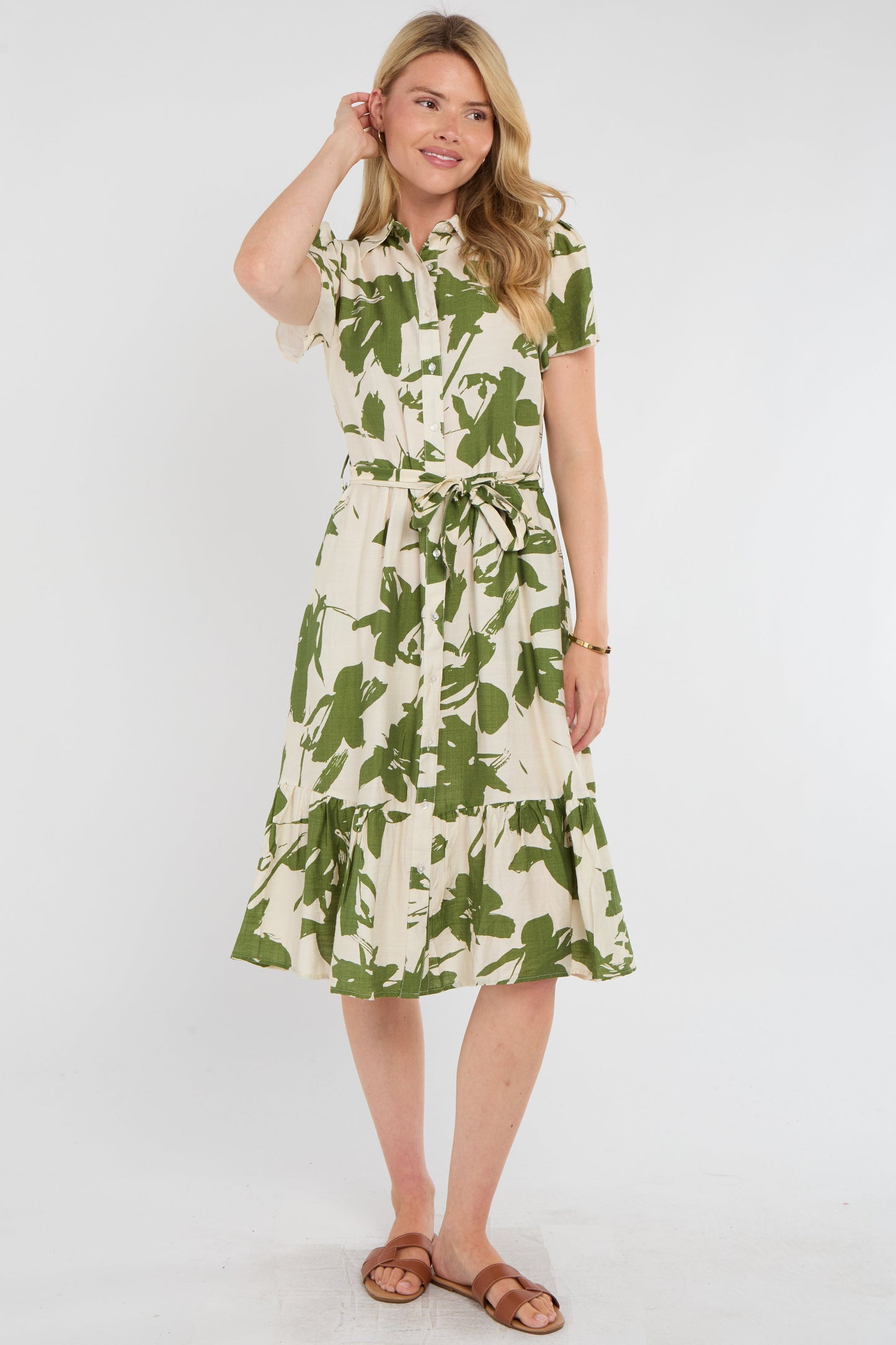 Olive Botanical Midi Shirt Dress