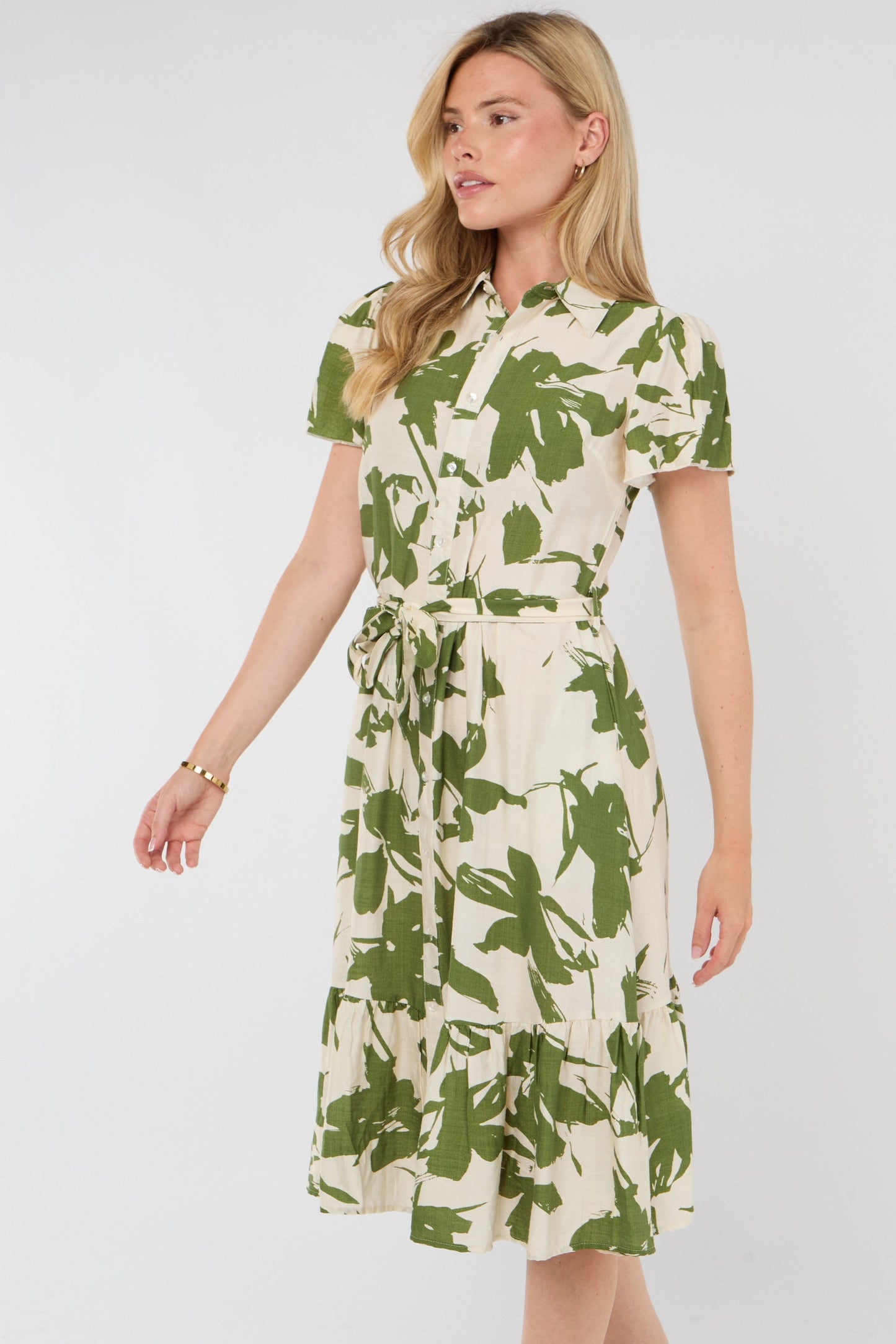 Olive Botanical Midi Shirt Dress
