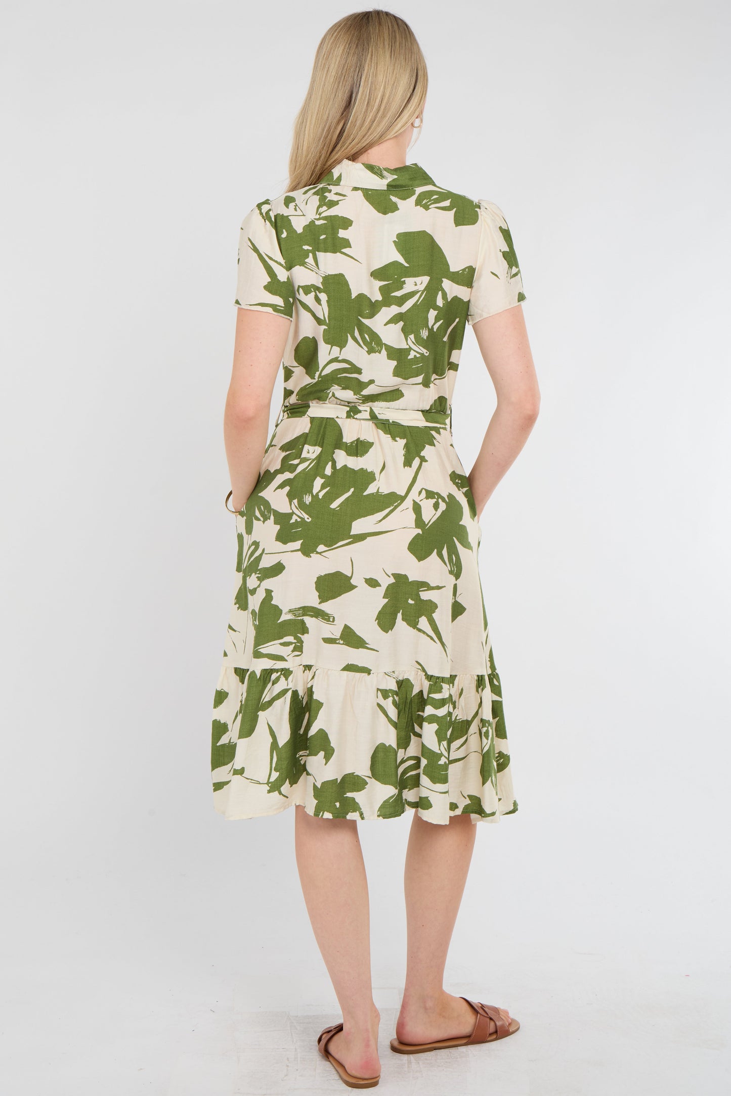 Olive Botanical Midi Shirt Dress