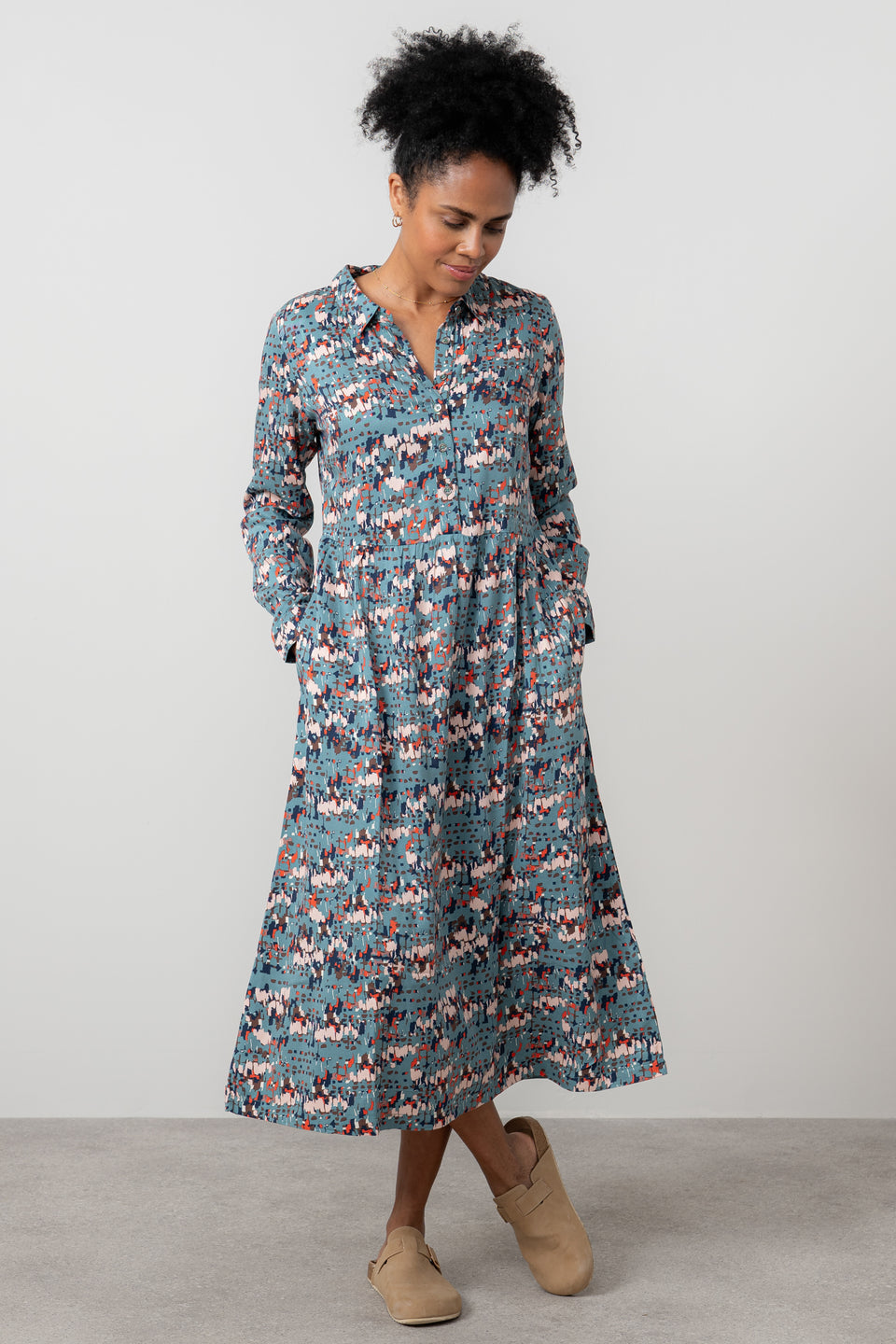 Lily & Me Seasons Geometric Clover Midi Shirt Dress Sea Mist