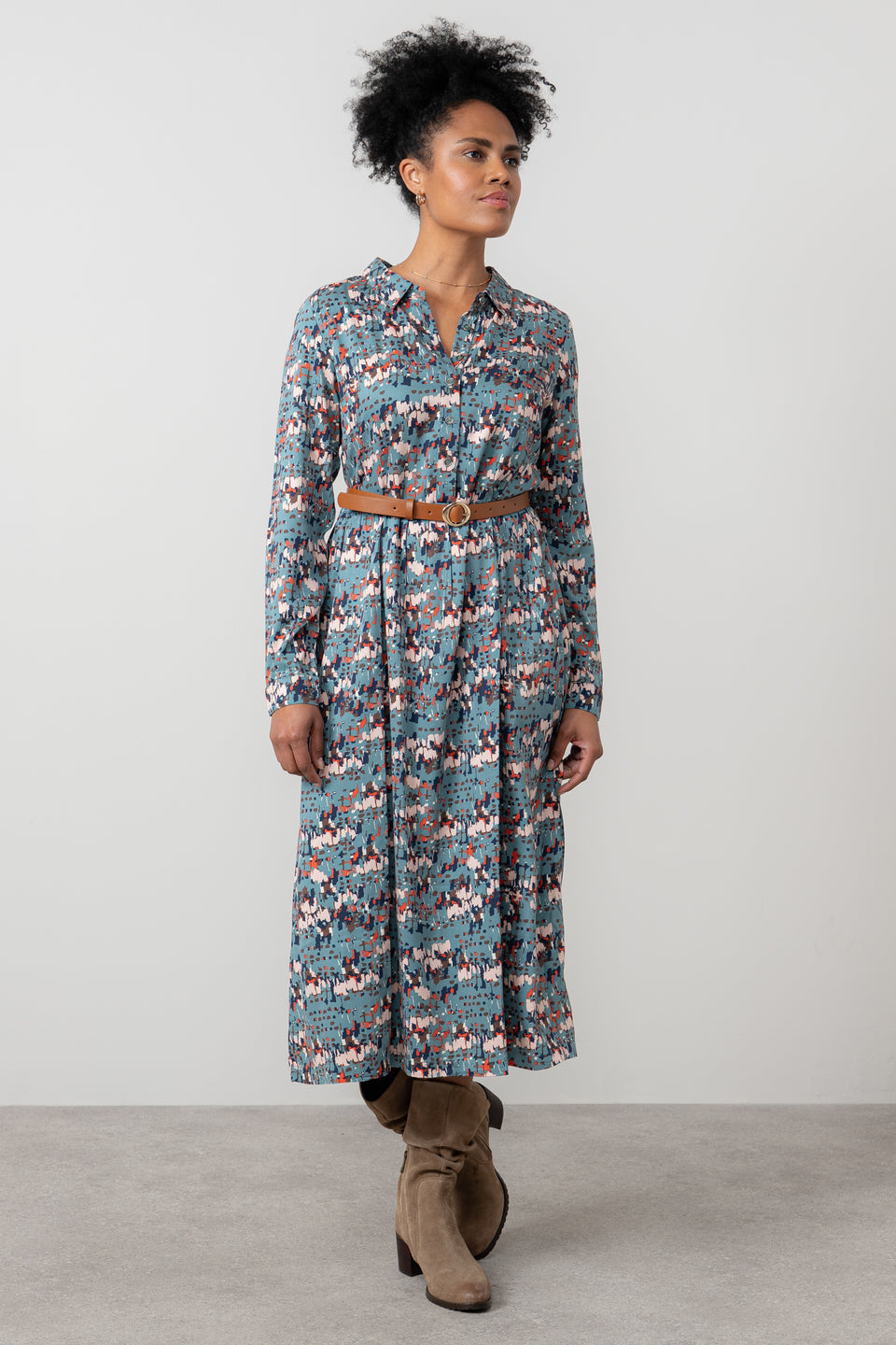 Lily & Me Seasons Geometric Clover Midi Shirt Dress Sea Mist