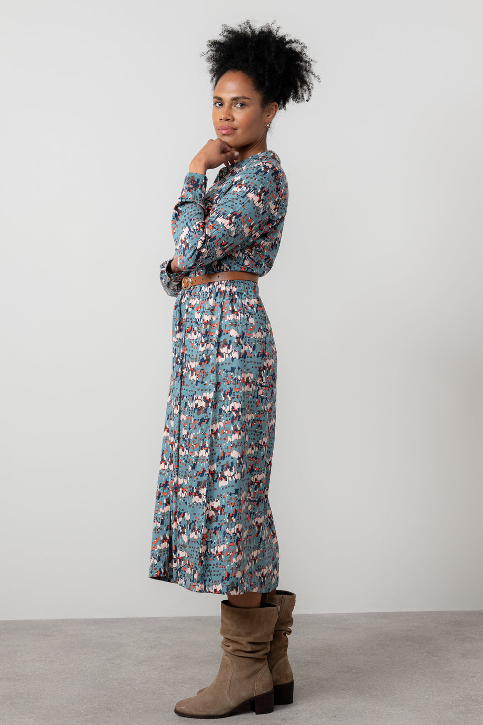Lily & Me Seasons Geometric Clover Midi Shirt Dress Sea Mist