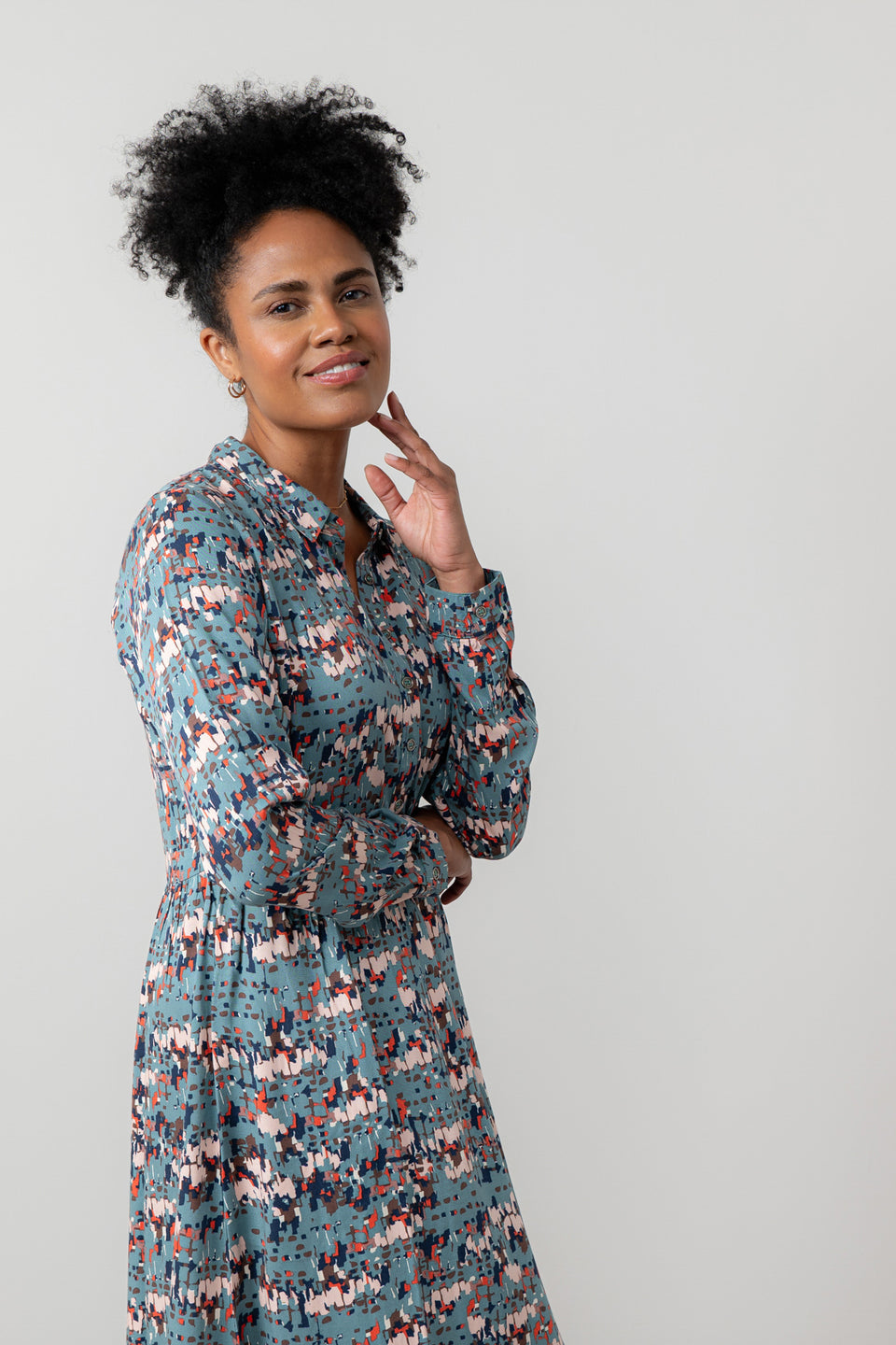 Lily & Me Seasons Geometric Clover Midi Shirt Dress Sea Mist