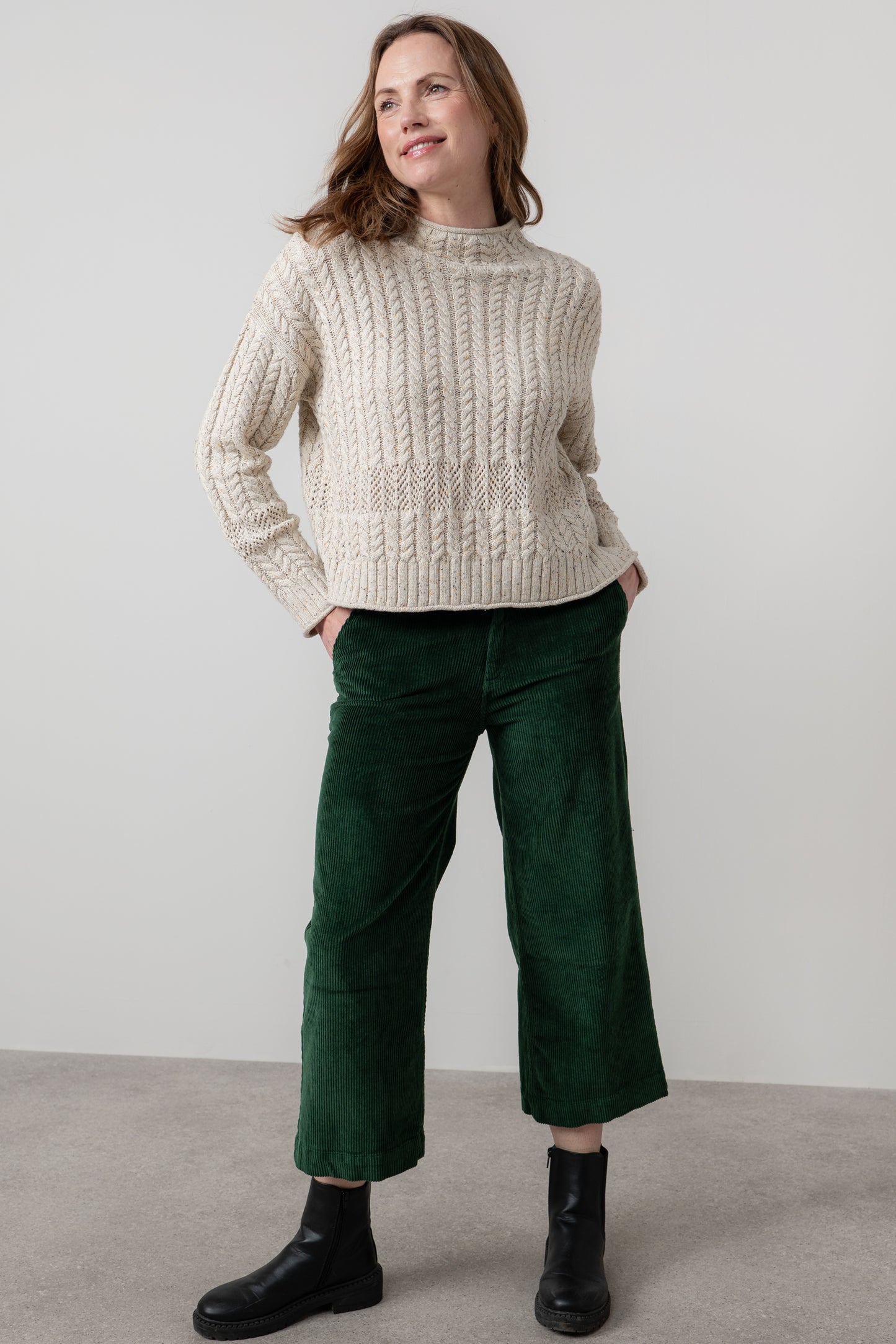 Lily & Me Isla Jumbo Cord Cropped Trousers Pine Green