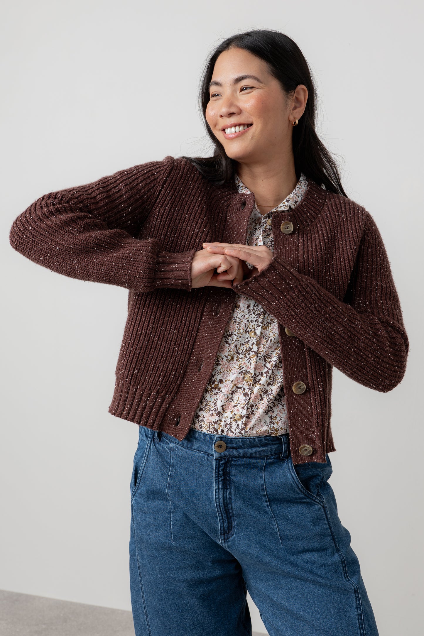 Lily & Me June Fleck Knit Rib Cardigan Chocolate
