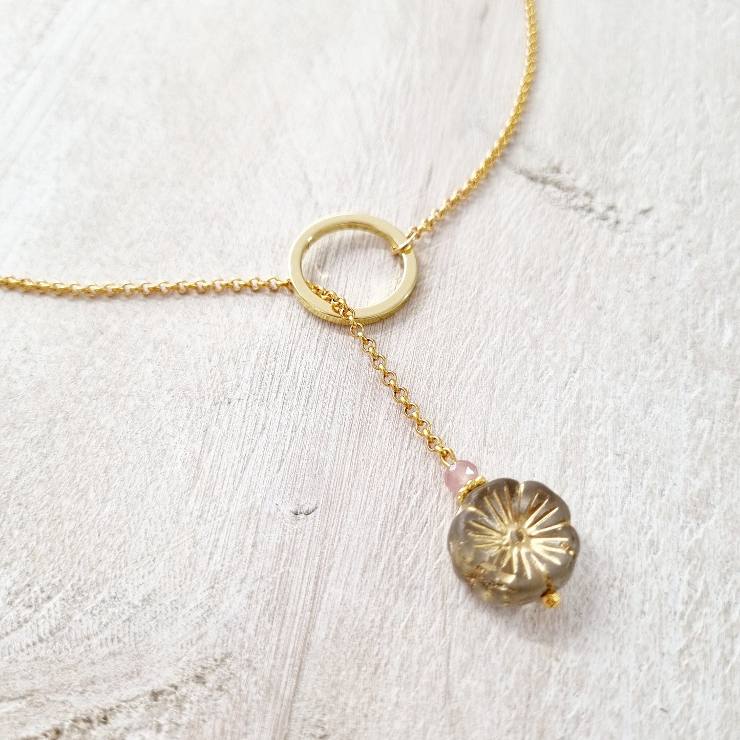 Strawberry Quartz Pansy Lariat Necklace