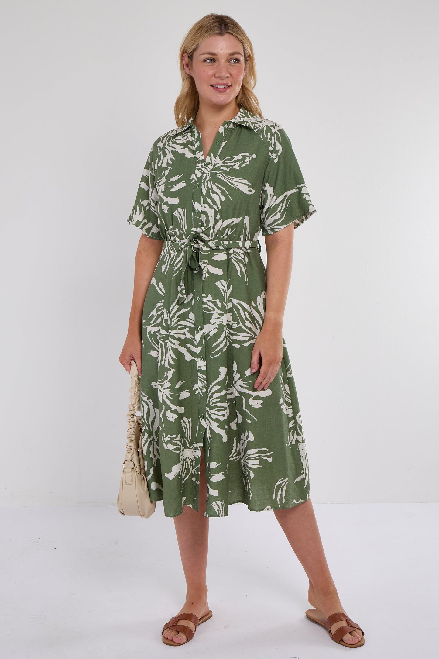 Khaki Abstract Floral Print Midi Shirt Dress