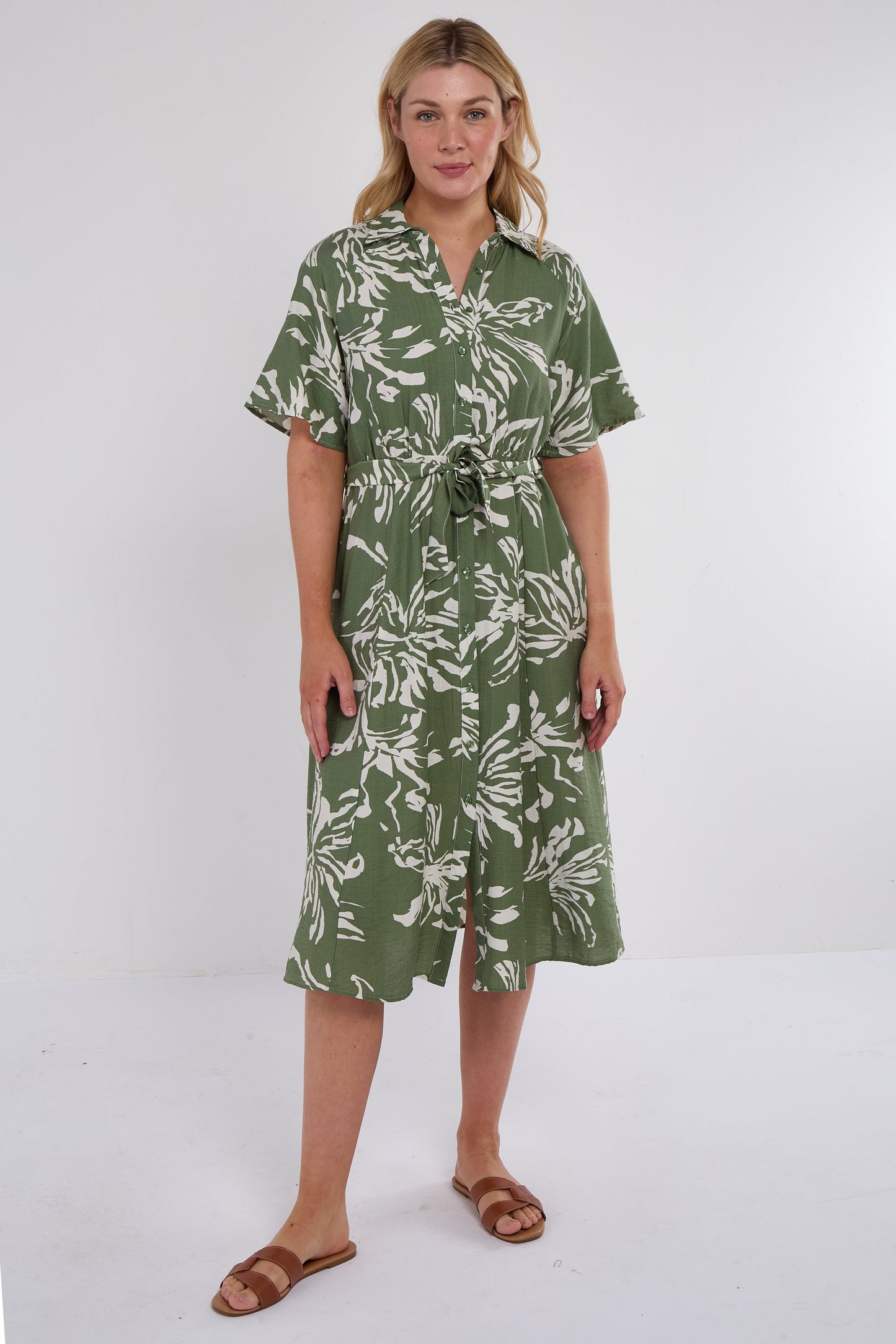 Khaki Abstract Floral Print Midi Shirt Dress