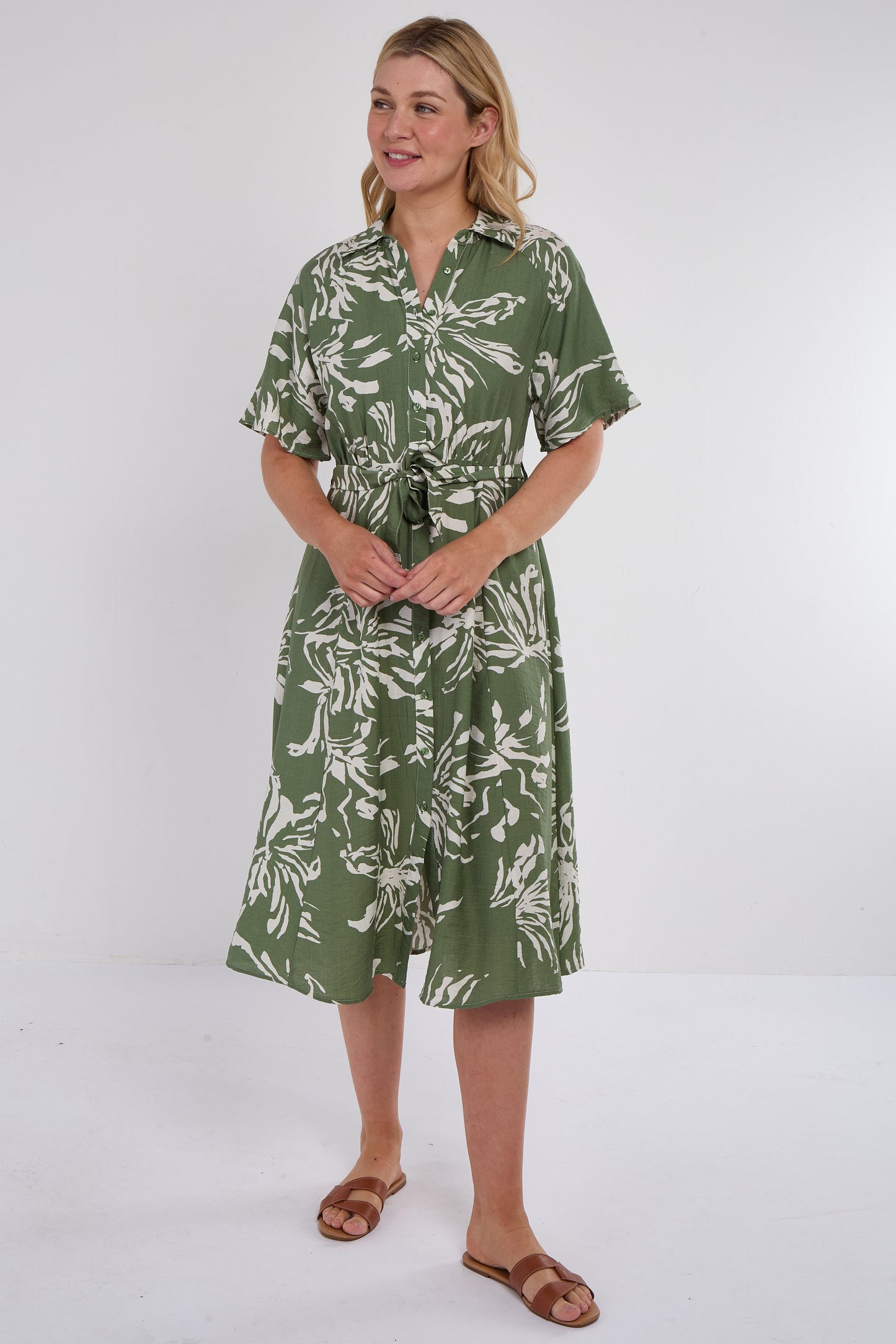 Khaki Abstract Floral Print Midi Shirt Dress