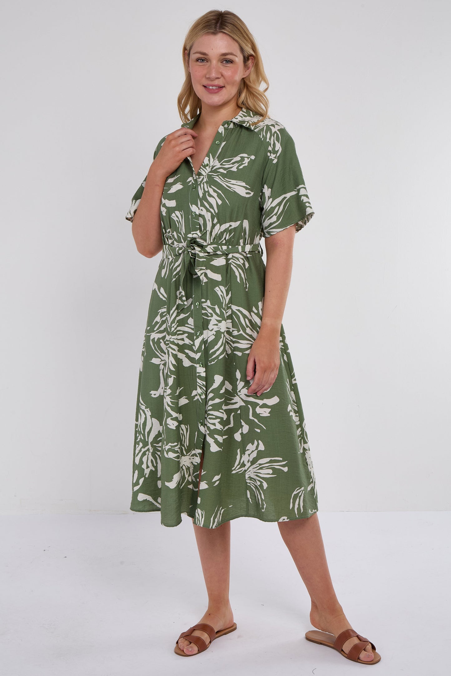 Khaki Abstract Floral Print Midi Shirt Dress