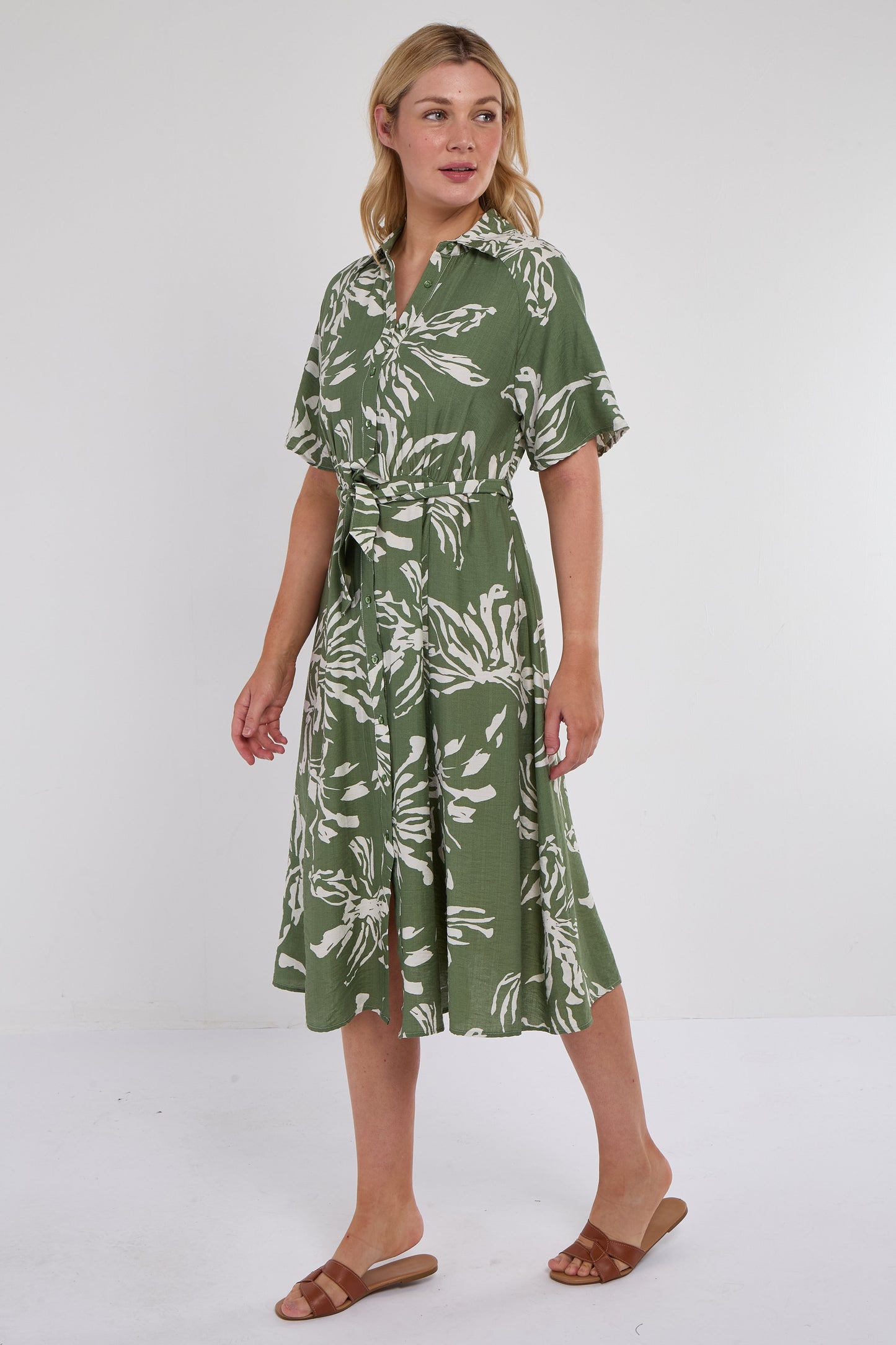 Khaki Abstract Floral Print Midi Shirt Dress