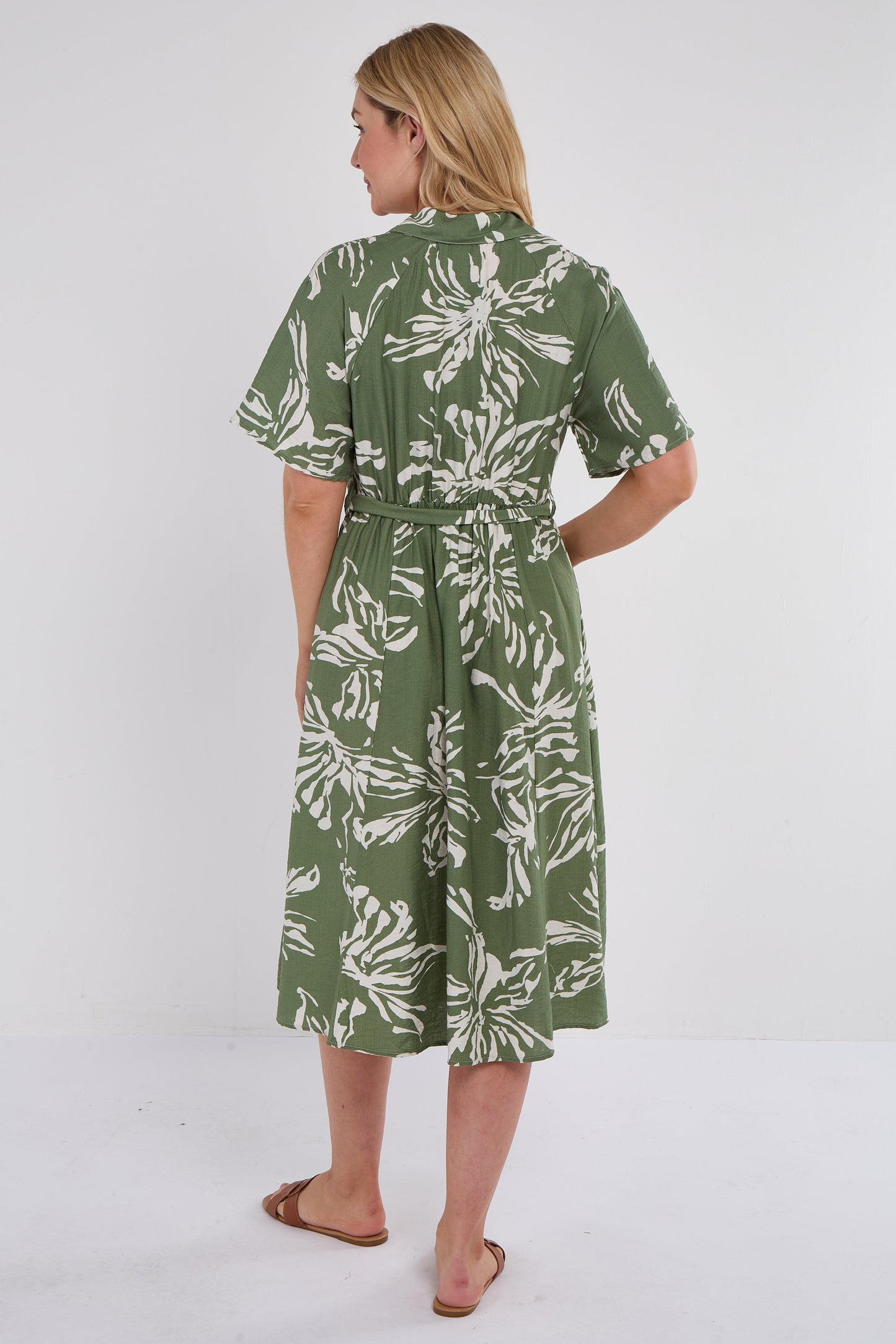 Khaki Abstract Floral Print Midi Shirt Dress