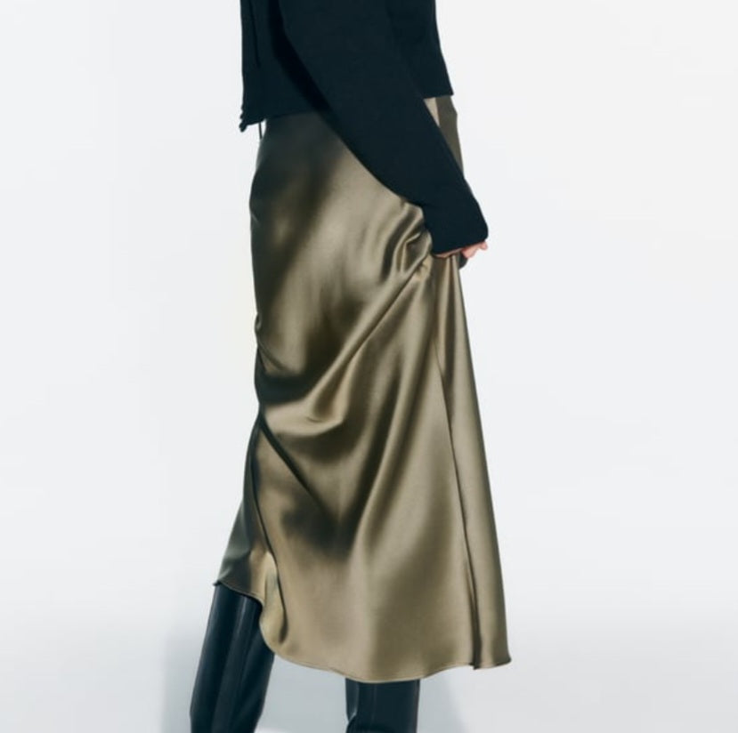 Oyster Sage Bias Cut Satin Skirt