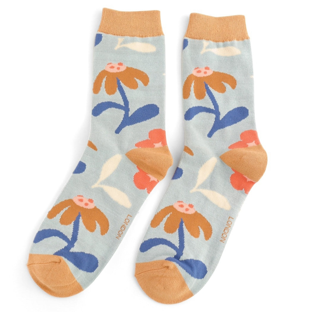 Retro Floral Bamboo Socks in Sky