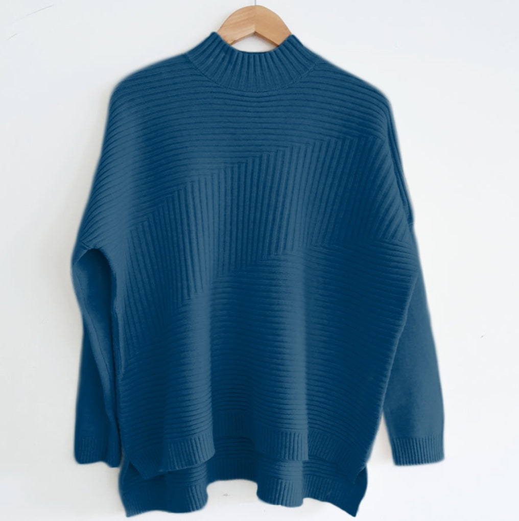 Ribbed Funnel Neck Jumper in Teal