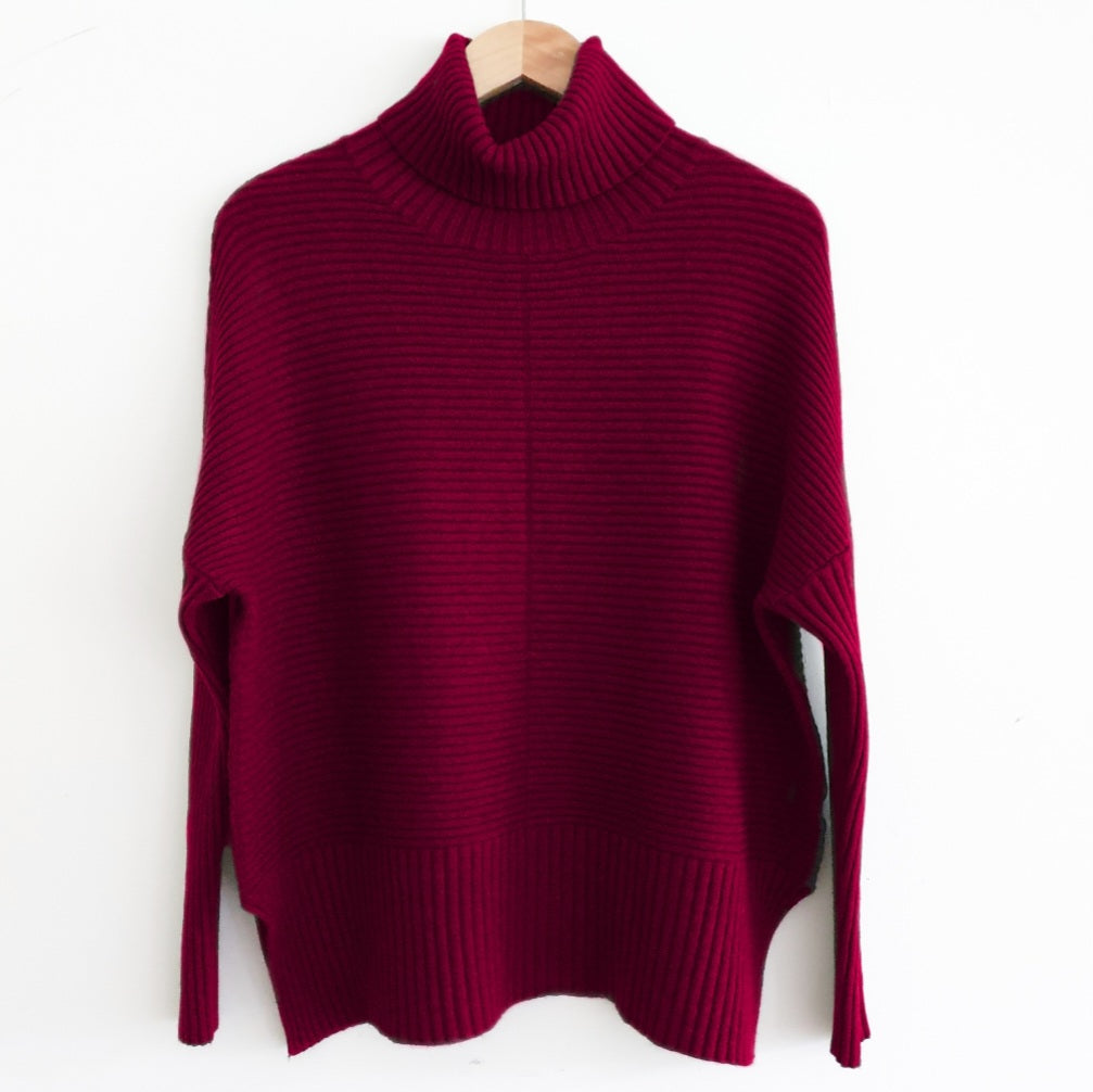 Robyn Ribbed Roll Neck Jumper in Wine