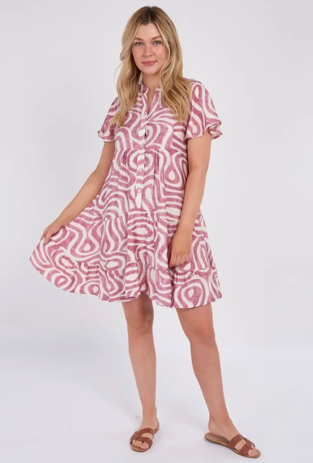 Mauve Twirl Print Short Sleeve Flared Mini Dress