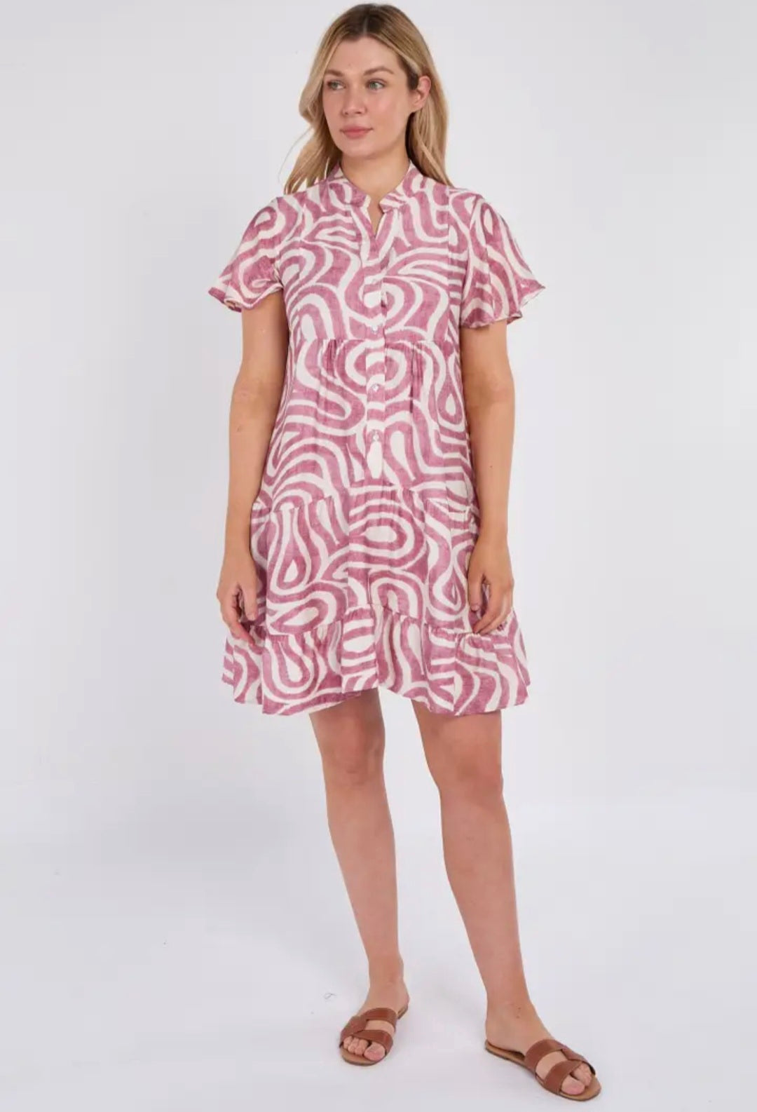 Mauve Twirl Print Short Sleeve Flared Mini Dress