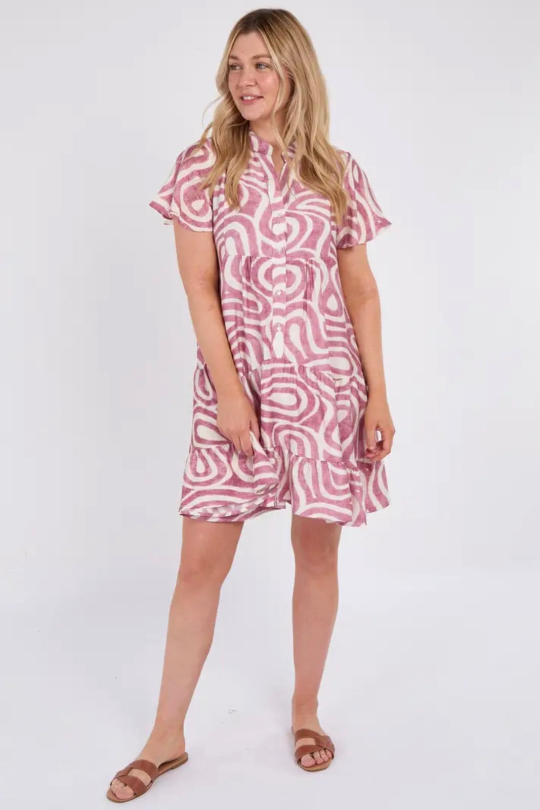 Mauve Twirl Print Short Sleeve Flared Mini Dress
