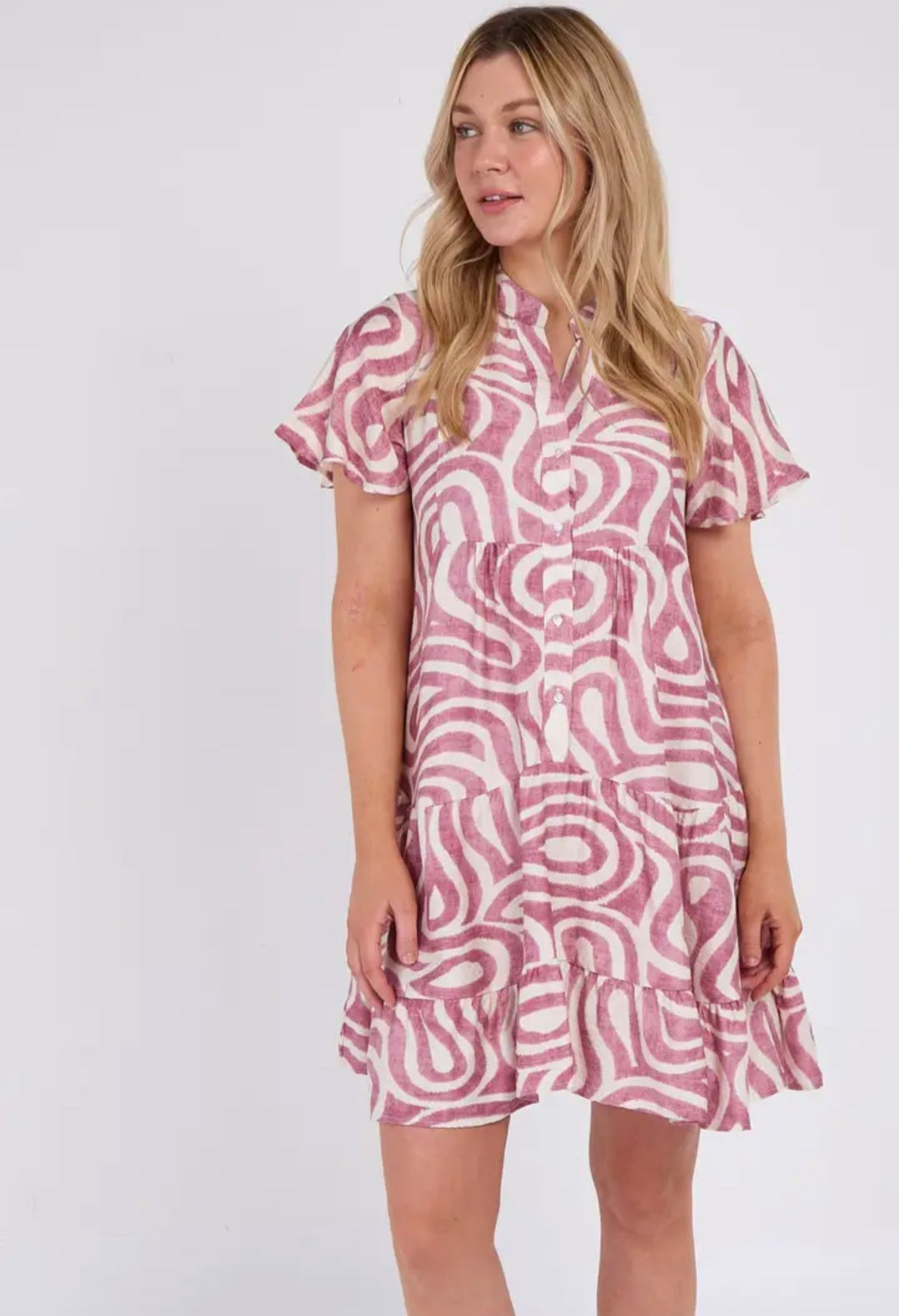 Mauve Twirl Print Short Sleeve Flared Mini Dress